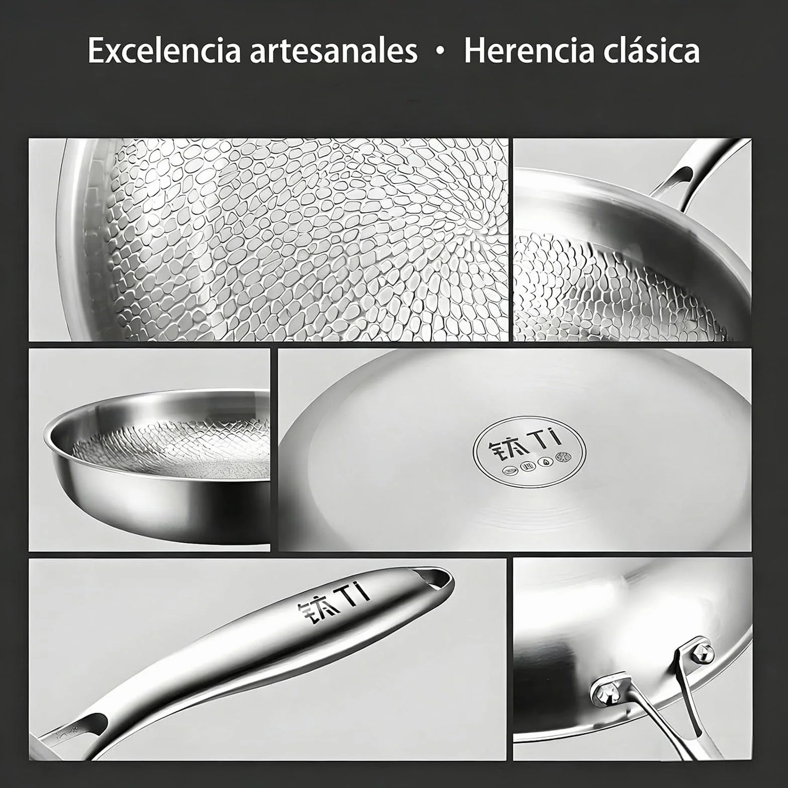 Mireve Sarten Acero 304, Mireve Sarten Titanio Puro, Sartén De Titanio Martillado, Resistente, Antiadherente, Apta Para Lavavajillas, Incluye Tapa Y Compatible Con Todas Las Placas (Sin Tapa, 22cm)