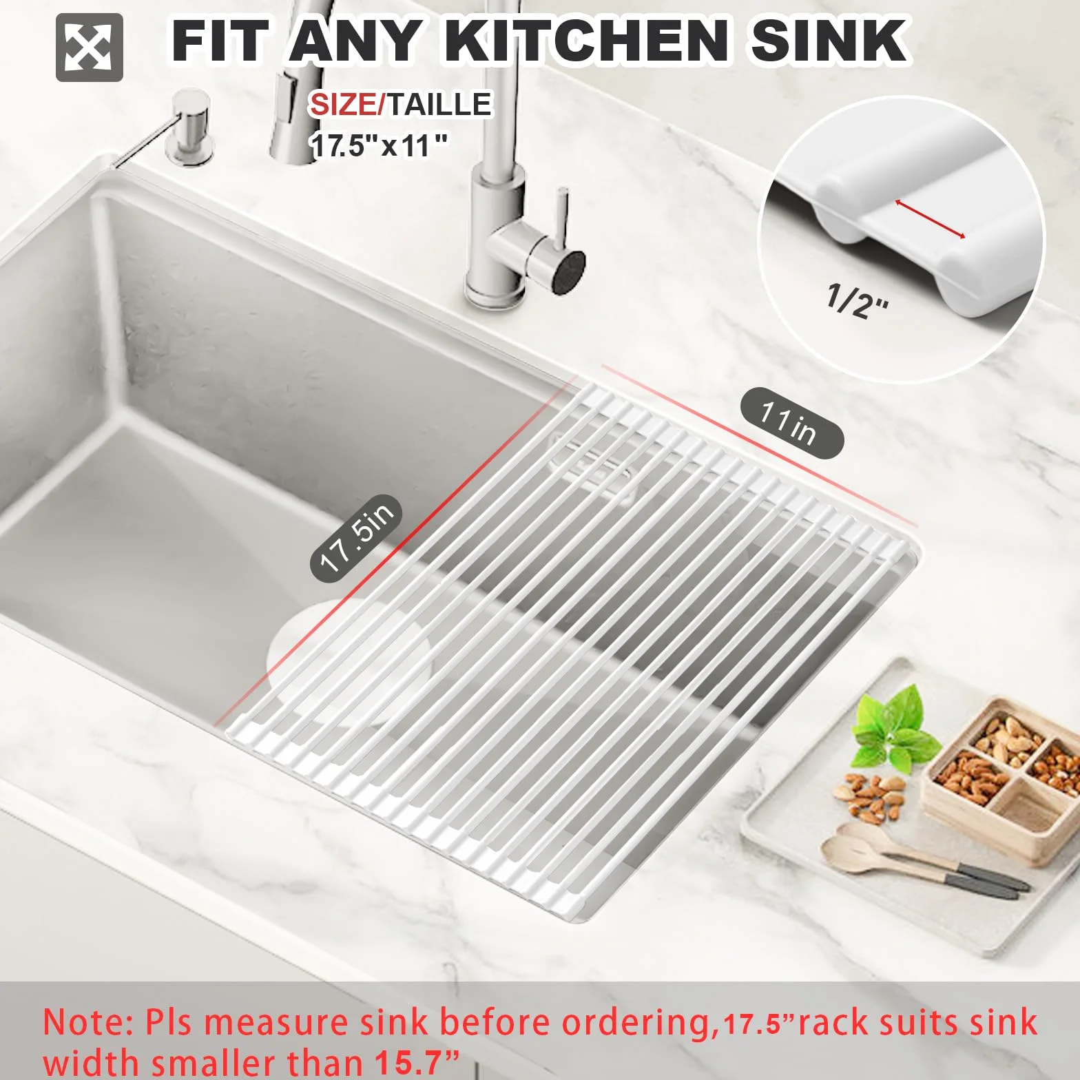MERRYBOX Roll Up Over The Sink Dish Drying Rack Silicone Wrapped Foldable, Heat-Resistant, Anti-Slip Sink Rack Multipurpose Dish Drainer for Kitchen Sink Counter - White, 17.5" x 11"