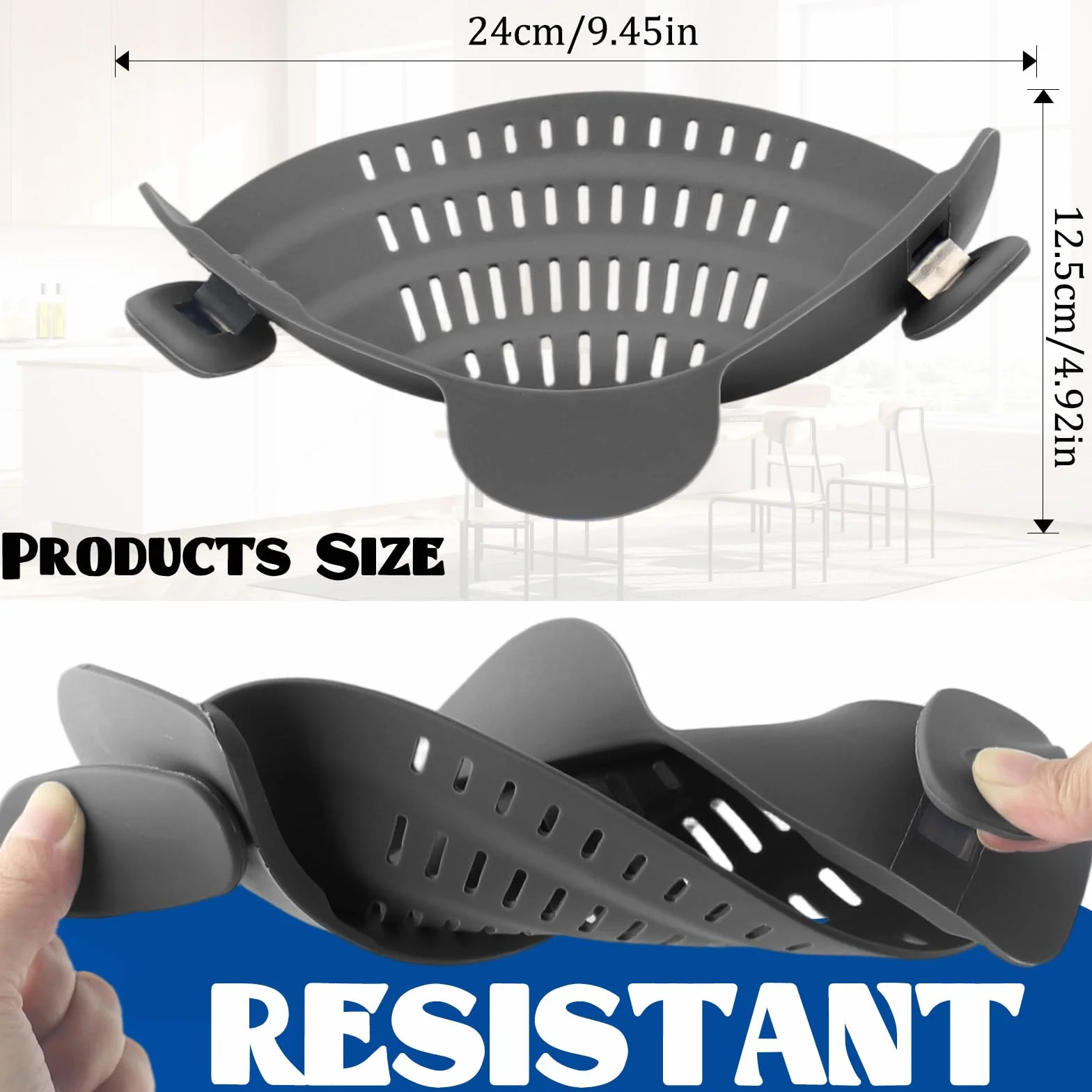 Escurridor de Pasta Plegable con Clip (2 Piezas) – Colador de Silicona Flexible para Ollas y Sartenes, Escurre Pasta, Arroz y Verduras, Sin BPA, Apto para Lavavajillas – Gris y Ro
