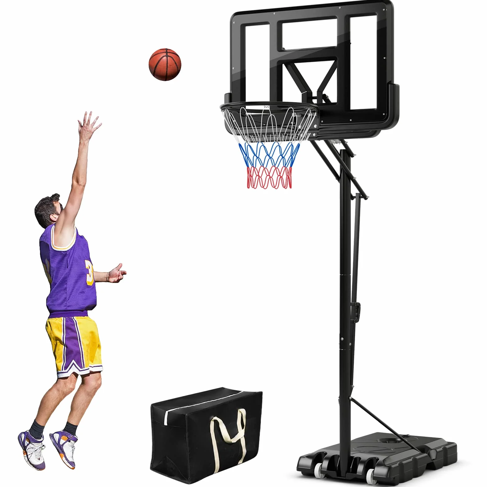 COSTWAY Canasta Baloncesto Altura Ajustable 10 Niveles 143cm-305cm Portátil con Ruedas Base Rellenable