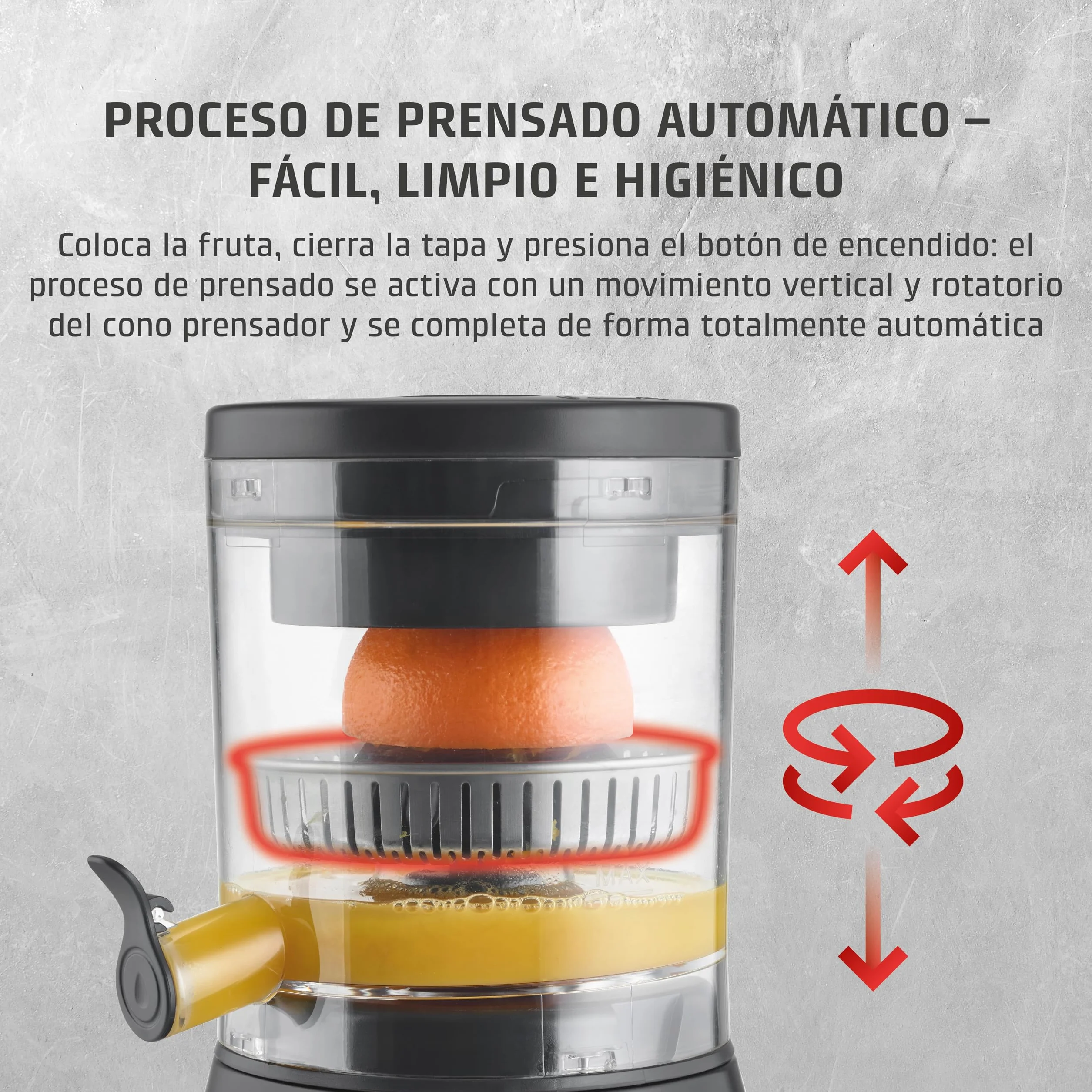 CASO CP 400 Lift - Exprimidor Eléctrico con cono universal para Naranjas y Cítricos, 300W, antisalpicaduras, alta extracción de zumo, pies con ventosa, libre de BPA, apto para lavavajillas,