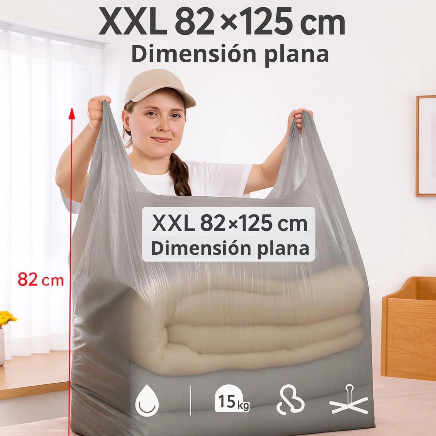 Lot de 10 bolsas de almacenamiento para ropa XXL 82×125 cm – Impermeables, resistentes PE – Bolsas de mudanza de gran formato con asas – Para edredones, almohadas, juguetes – Carga máxima 15