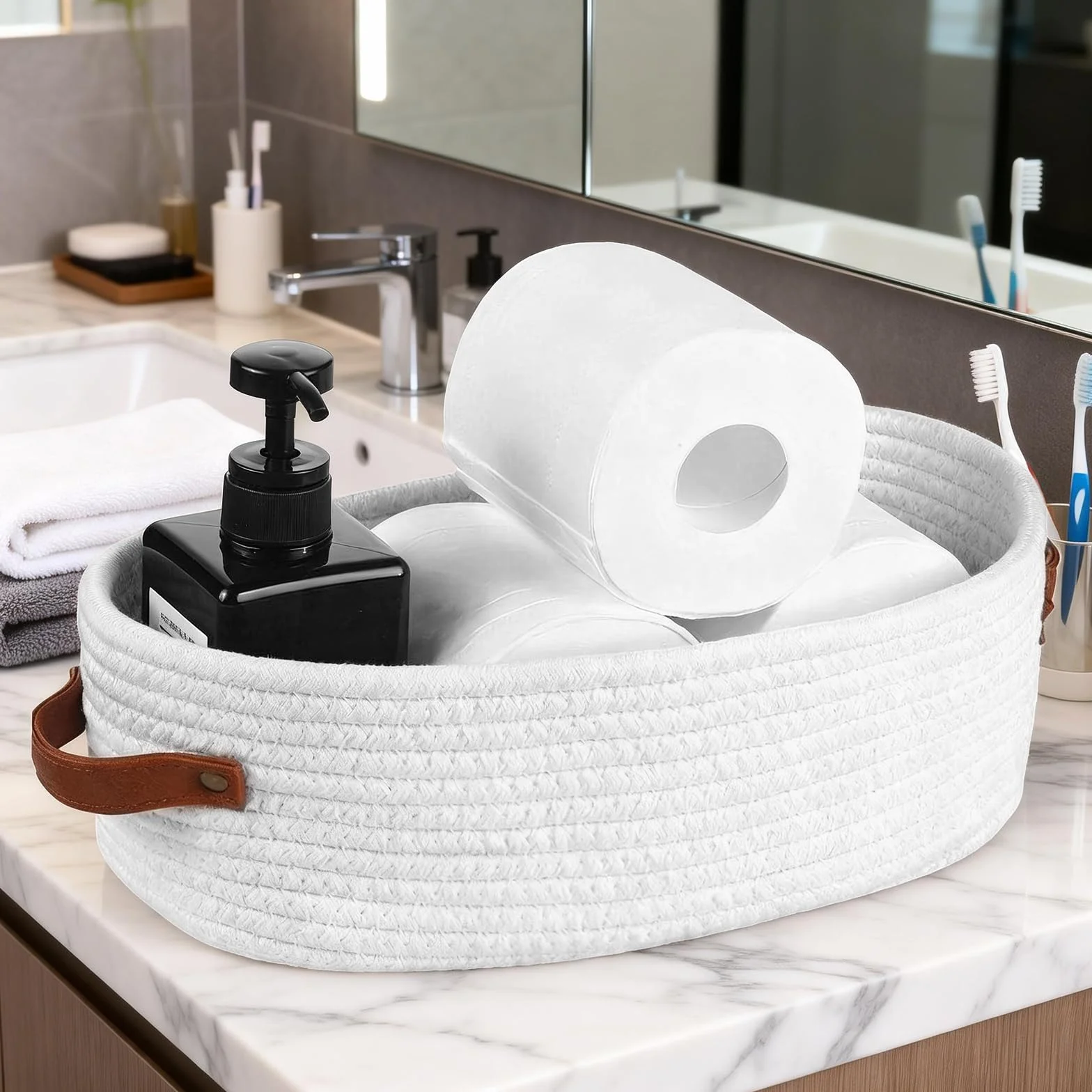 Cesta de Almacenaje Tejida de Cuerda de Algodón 33×15×10 cm con Asas de Cuero para Baño, Cocina, Estantería (Blanco)