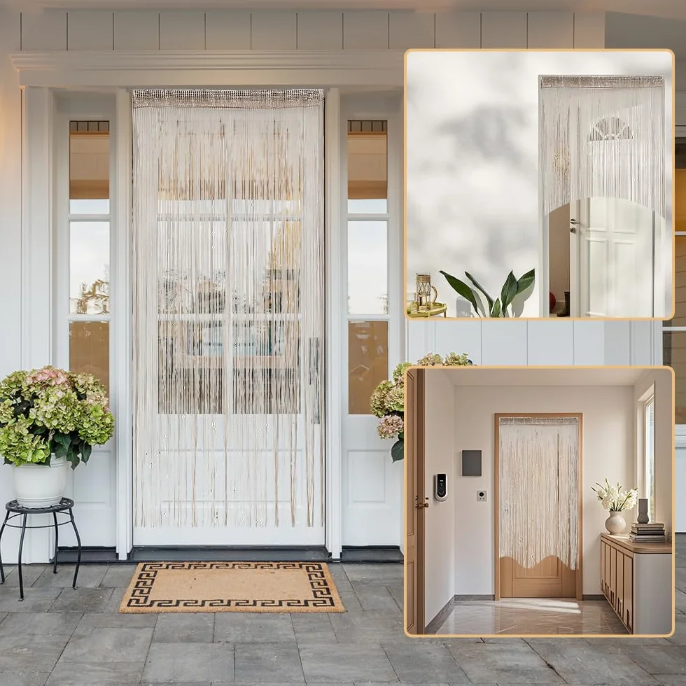 2 Stück Fadengardinen Set, 100 X 200 cm Fadenvorhang Glitzer, Champagnerfarbener Fadengardine Balkontür Fliegengitter, Zimmer Fransenvorhang Geeignet für Hochzeiten, Cafés, Restaurants, Türen