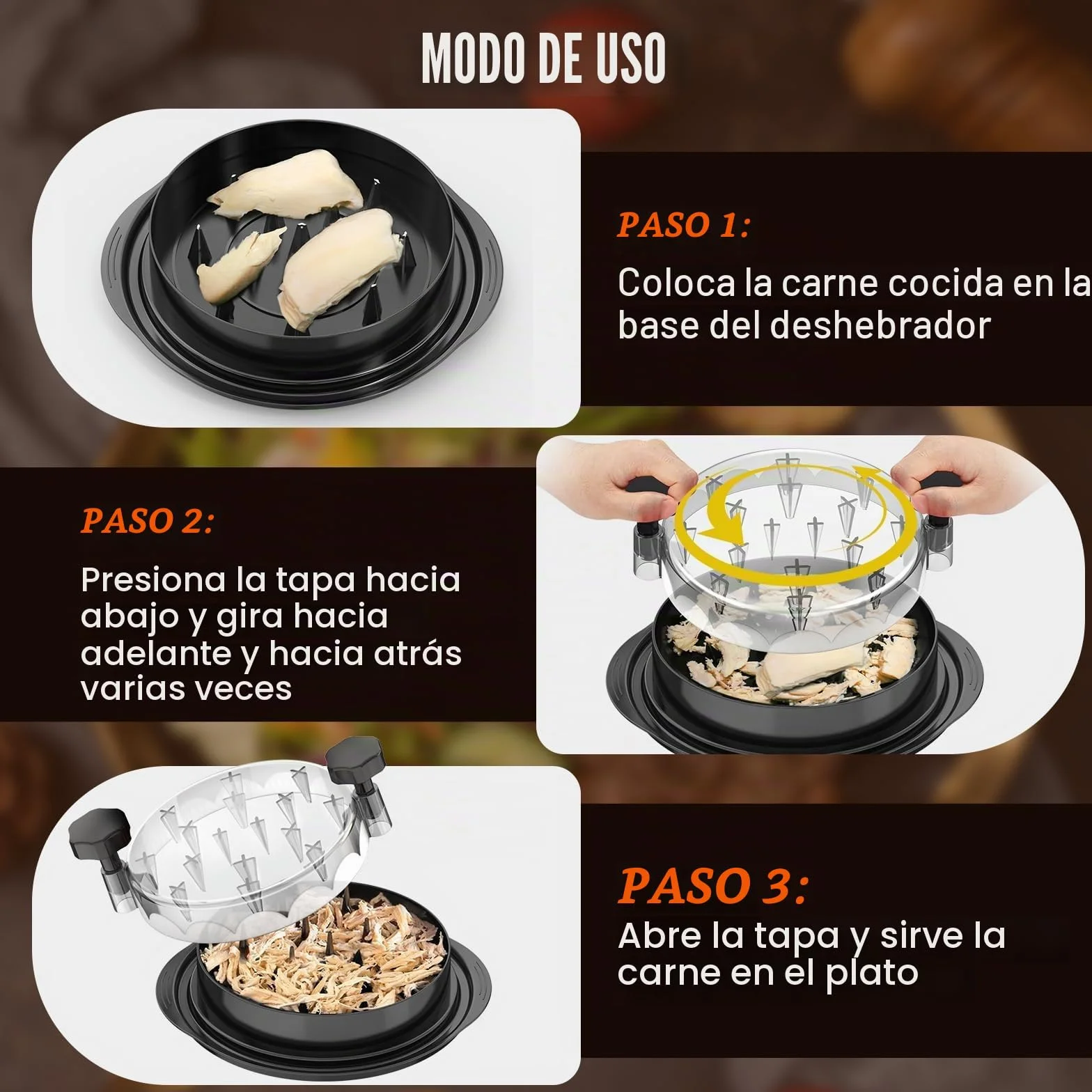 Desmenuzador de Carne Manual,Trituradora de Pollo y Cerdo con transparente Asas y Base Antideslizante,trituradora de alimentos,Lavable en Lavavajillas,Ideal para Ensaladas y Pulled Pork (Negro,20cm)