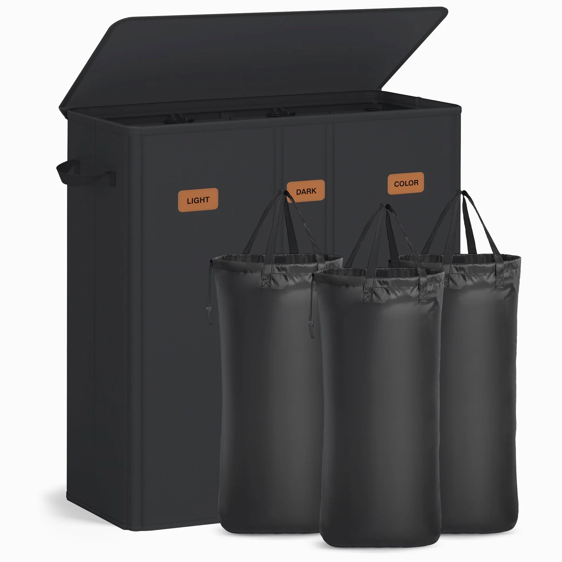 SONGMICS Cesto de Ropa Sucia con 3 Compartimentos, 160 L, Tapa, 5 Etiquetas, Bolsa Interior Extraíble y Lavable, Lavadero, Negro Tinta RLH013B01
