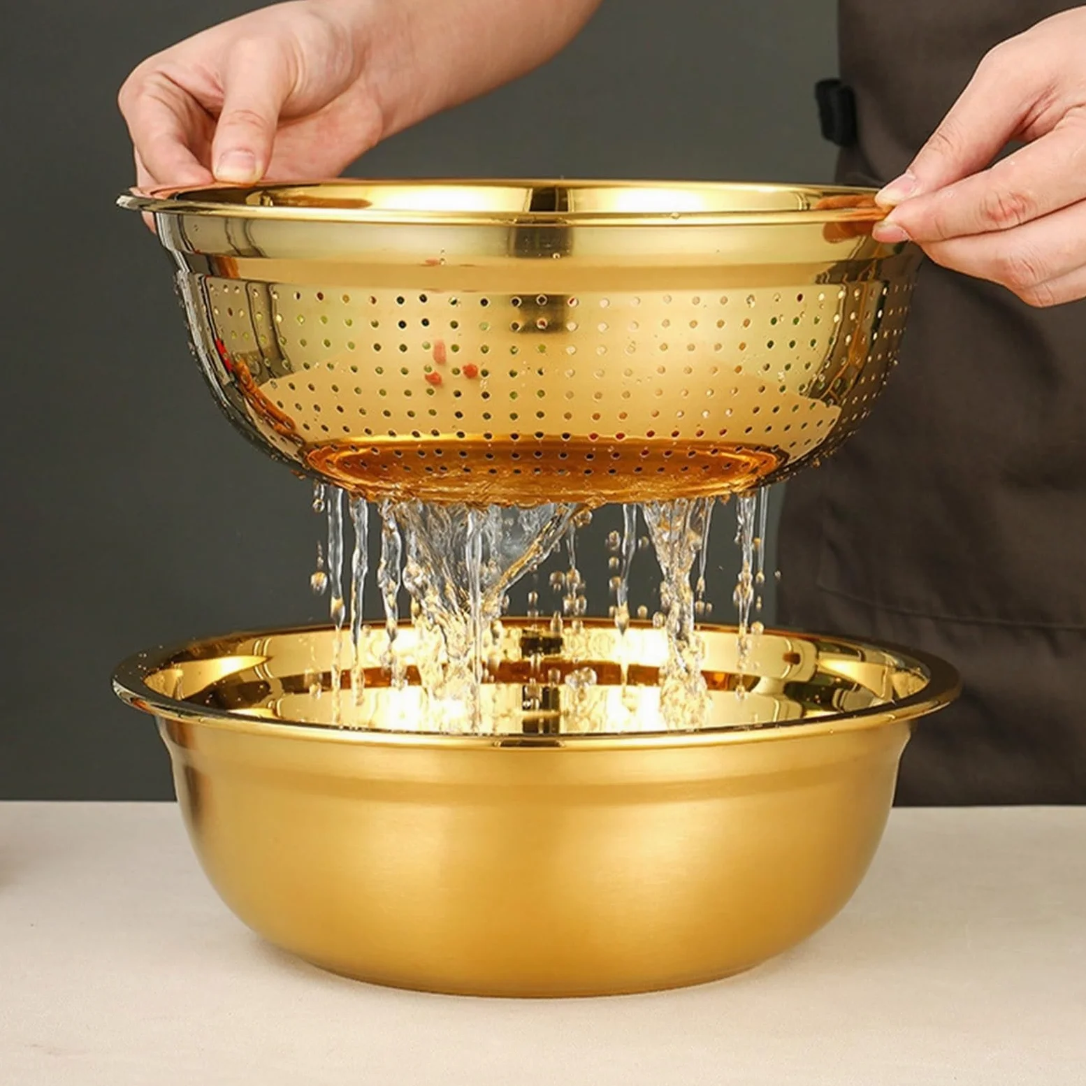 Colador De Arroz De Acero Inoxidable Cesta de drenaje acero inoxidable, colador malla fina, cuenco for mezclar, lavado arroz dorado for escurridor frutas, lavabo y coladores cocina