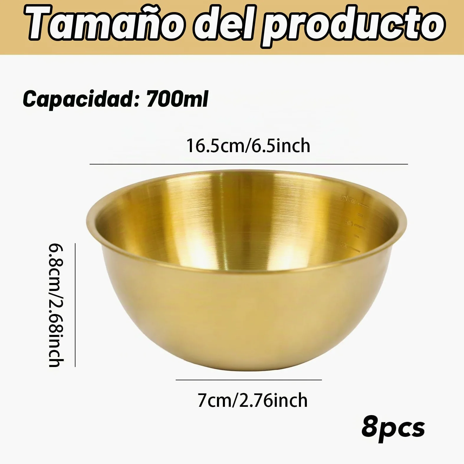 8 Piezas Cuenco Dorado 17 cm de Acero Inoxidable Cuenco Ensalada Dorado Cuencos Apilables Acero Inoxidable Dorados Cuencos de Cocina para Ensalada Sopa Arroz Fideos Ramen Fruta (17 x 7 cm)