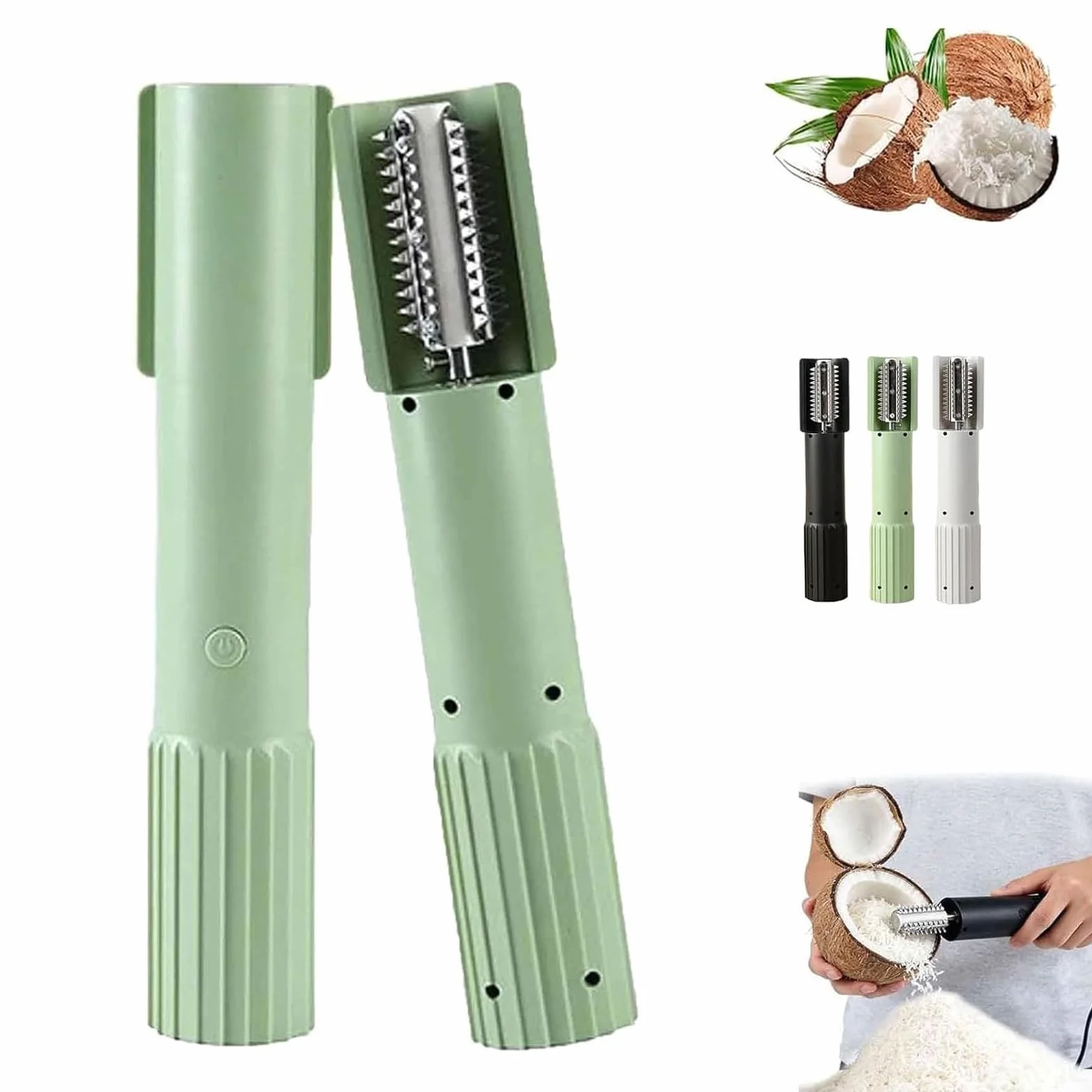 Máquina Ralladora De Coco Eléctrica, Trituradora Peladora Raspadora Mano Con Hoja Giratoria Antisalpicaduras Acero Inoxidable, Rallador Eléctrico Portátil Recargable(Green)