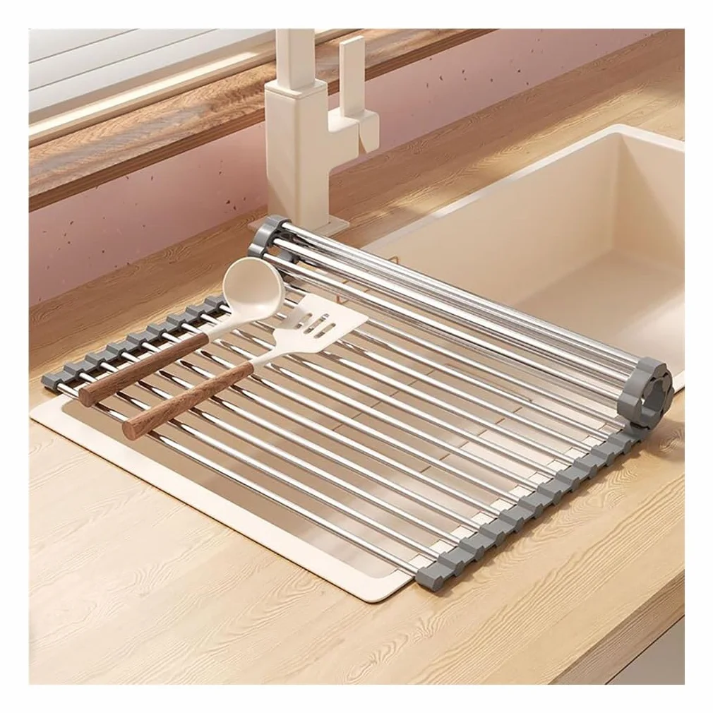 Escurridor de platos enrollable, escurridor de platos enrollable multiusos para fregadero, plegable, de acero inoxidable, para colocar sobre el fregadero o la encimera de la cocina (de 14,6 a 18,5 pu