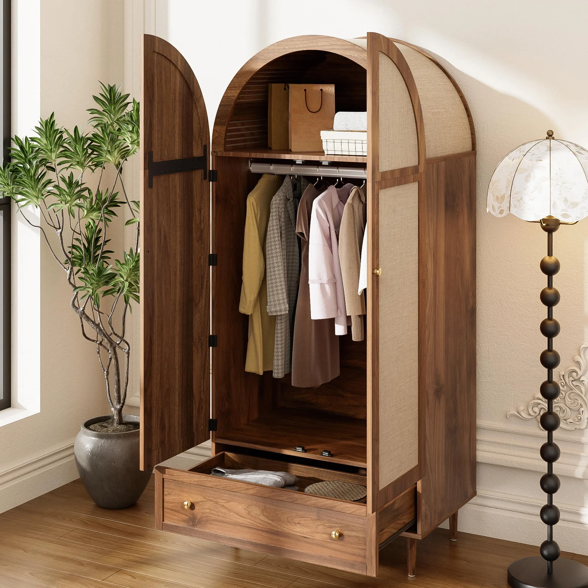 Elegante armario con puertas de tela y cajón, patas de madera sólidas, práctico espacio de almacenamiento para ropa y accesorios, ideal para dormitorio, habitación de invitados o vestidor