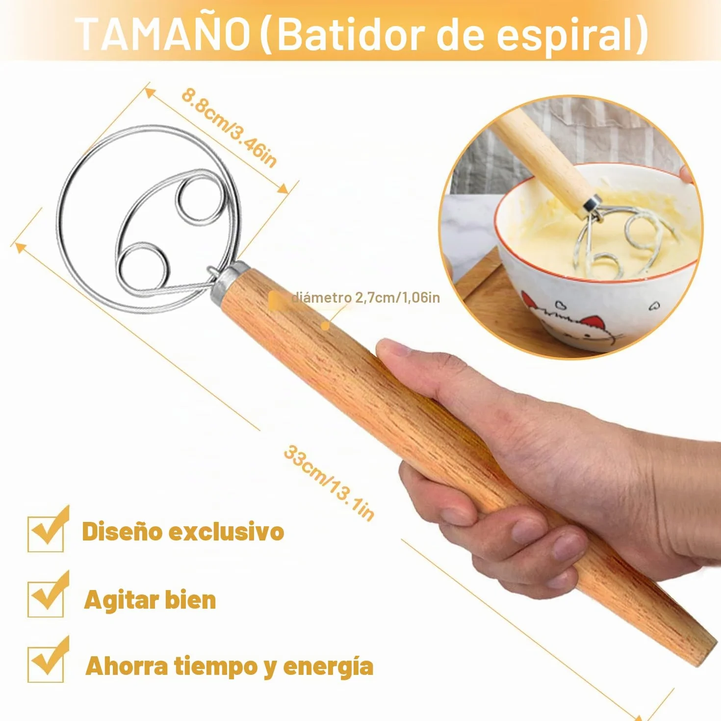 Batidor de masa danés y holandés, alambre de acero inoxidable 304, para batir huevos y masa danesa con mango de madera, para hacer pasteles de pan