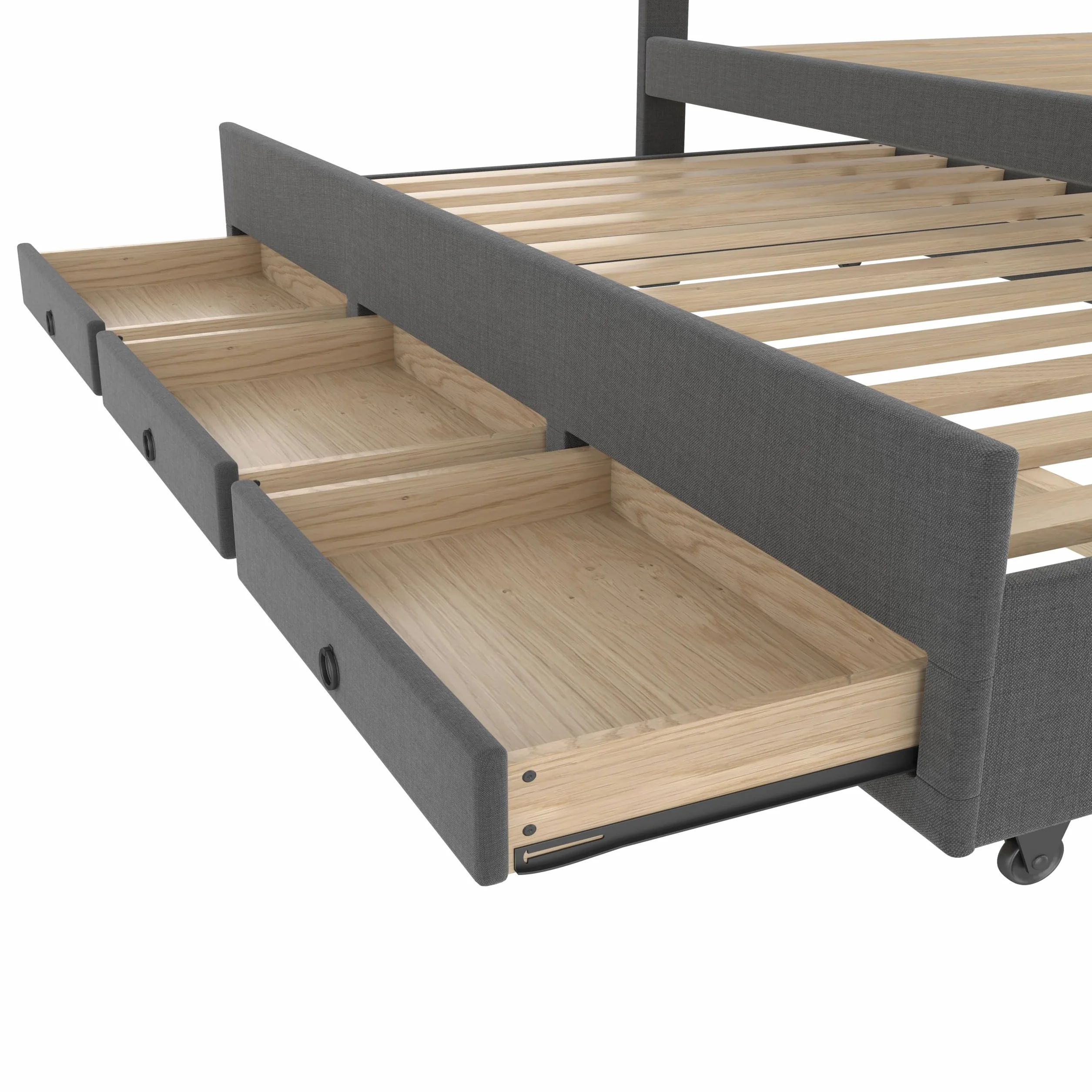Moimhear Cama de matrimonio acolchada familiar con tres cajones, cama extraíble, cabecero ajustable (gris)