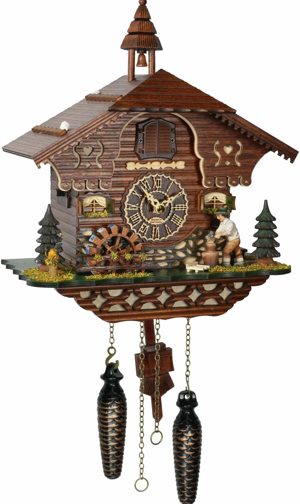 Trenkle Reloj de Cuco de Cuarzo con diseño de casa de Bosque Negro con picadora de Madera móvil y Rueda de Molinillo, con música TU 4217 QM