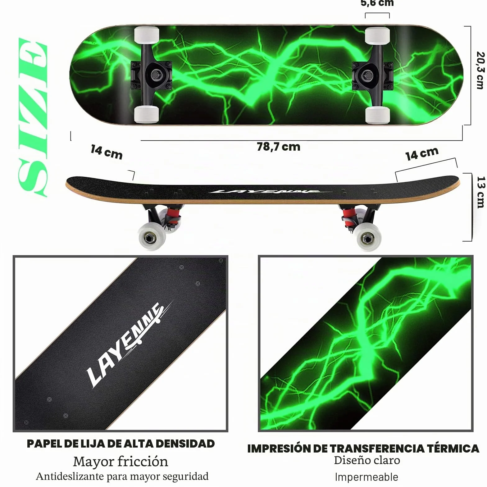 LAYENNE Skateboard 31x8 Pulgadas 7 Capas Arce ABEC-11