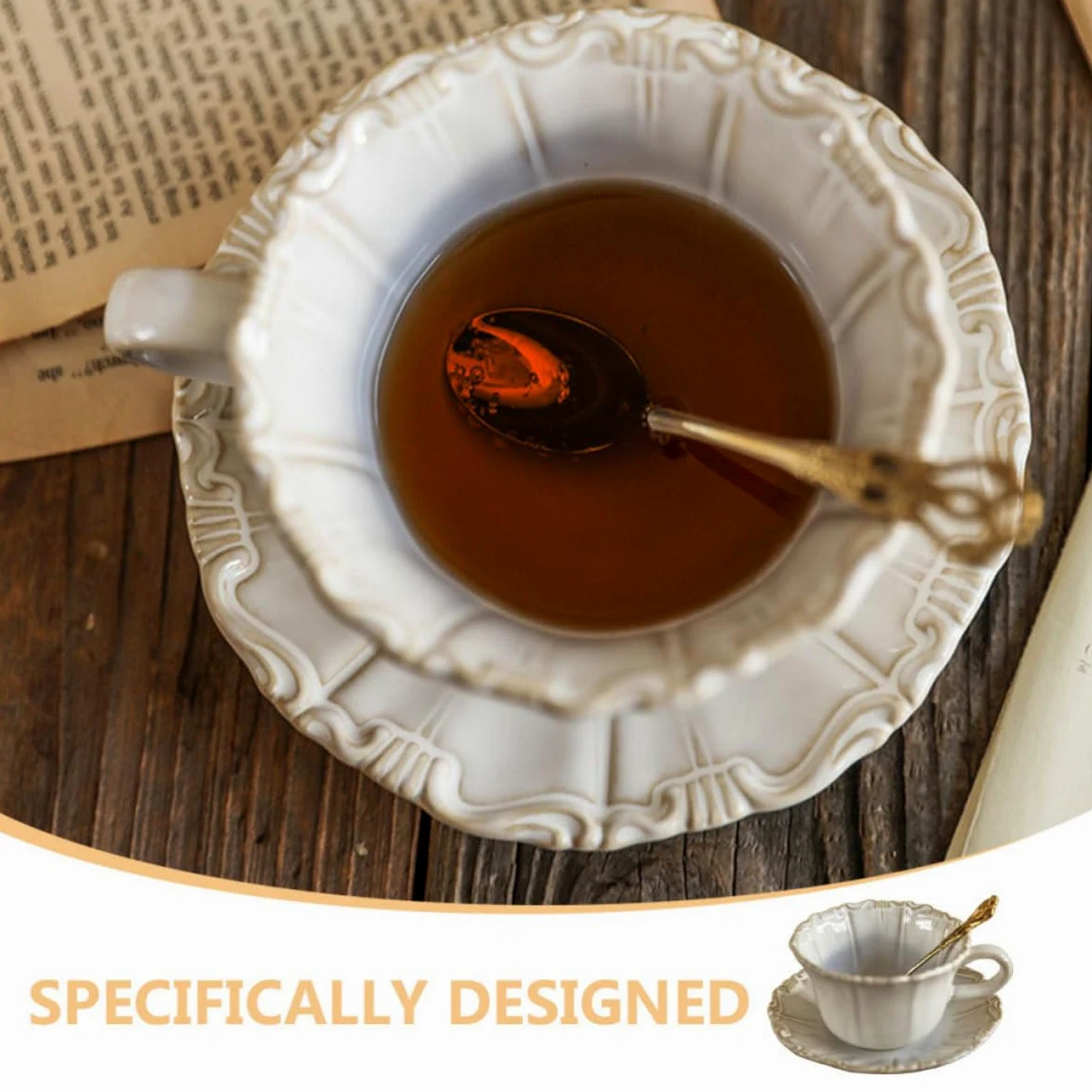 DECHOUS Juego de Taza de Cerámica Estilo Elegante Vintage de 300ml Platillo Antideslizante y Fácil de Limpiar, Adecuado para Disfrutar Café o Té en Casa