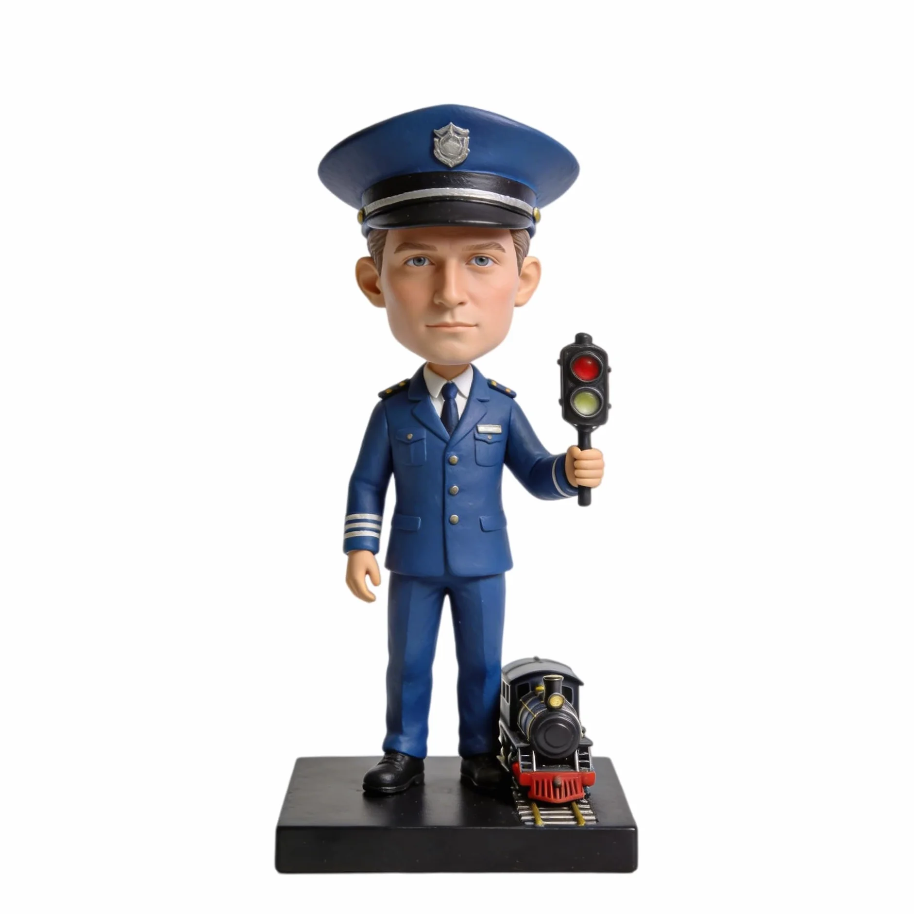 Bobblehead de conductor de tren personalizado, figura 3D personalizada de la foto, estatua de cuerpo completo de arcilla polimérica hecha a mano con modelo de mini tren, regalo para cumpleaños