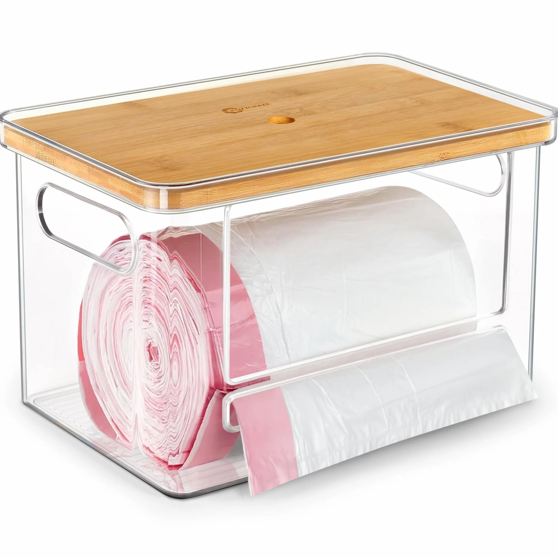 Dispensador de bolsas de basura apilable con parte superior de bambú, soporte extragrande para bolsas de basura con base antideslizante, dispensador de bolsas de basura debajo del fregadero