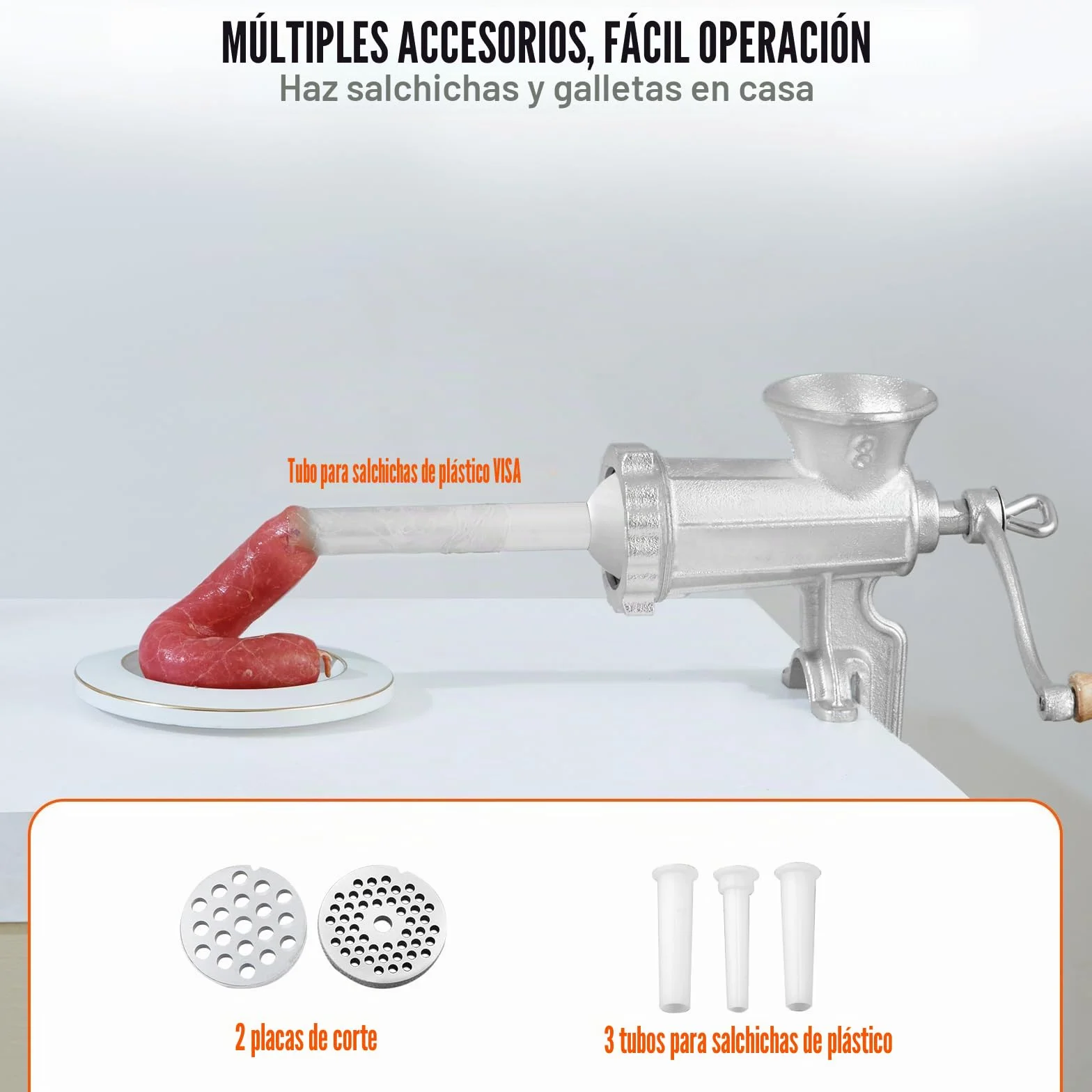 VEVOR Picadora de Carne Manual de Hierro Fundido Picadora Manual de Manivela 2 Placas de Picado de 5 y 8 mm Empujador de Salchichas Fijación Firme Mediante Abrazadera para Carnicería a Domicilio