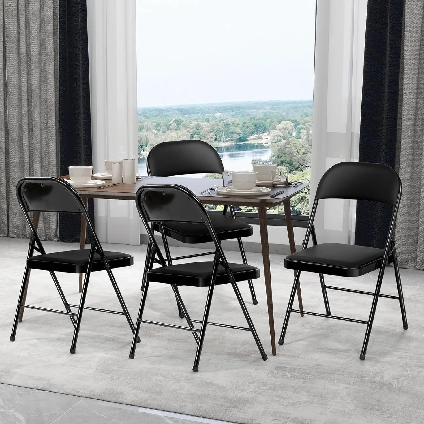 Set 2 Silla Plegable Acolchada, Sillas Plegables con Estructura de Acero Negro para Interior y Exterior, Silla de Comedor Apilable , Silla Plegable para Jardin, Balcón, Camping, Cocina y Eventos