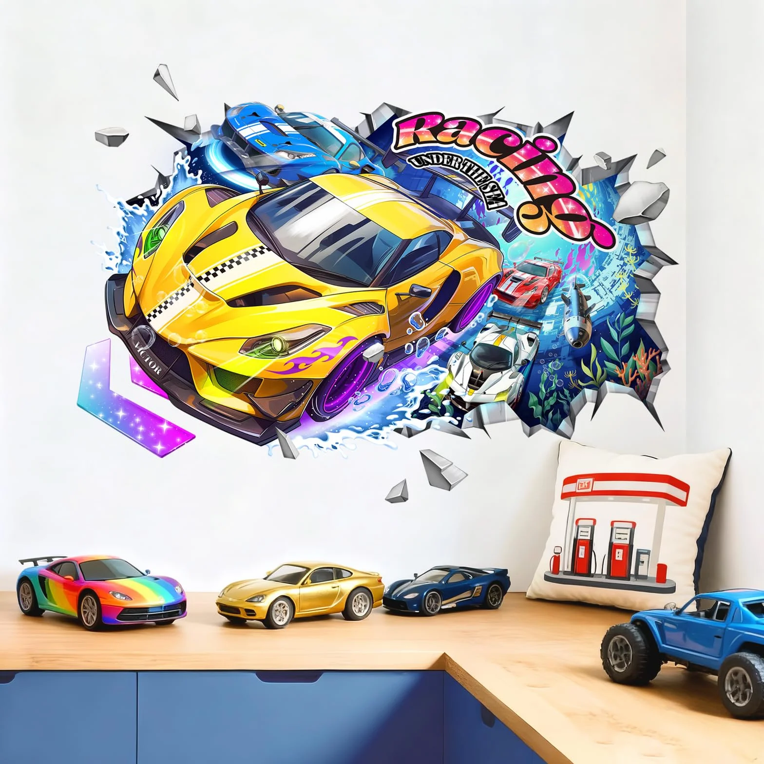 Tanlaby Pegatinas de Pared 3D Coches de Carreras Túnel Submarino Vinilos Decorativos Amarillo