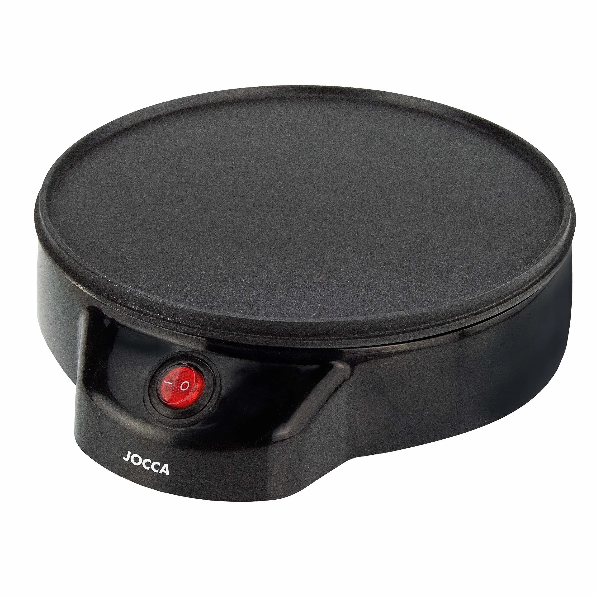 JOCCA - Máquina Crepera Eléctrica con Placa de 22 cm de Diámetro| Potencia 700W| Revestimiento Antiadherente| Incluye Esparcidor de Madera| Boton on-off| Indicador Luminoso| Ideal para fiestas| Negro