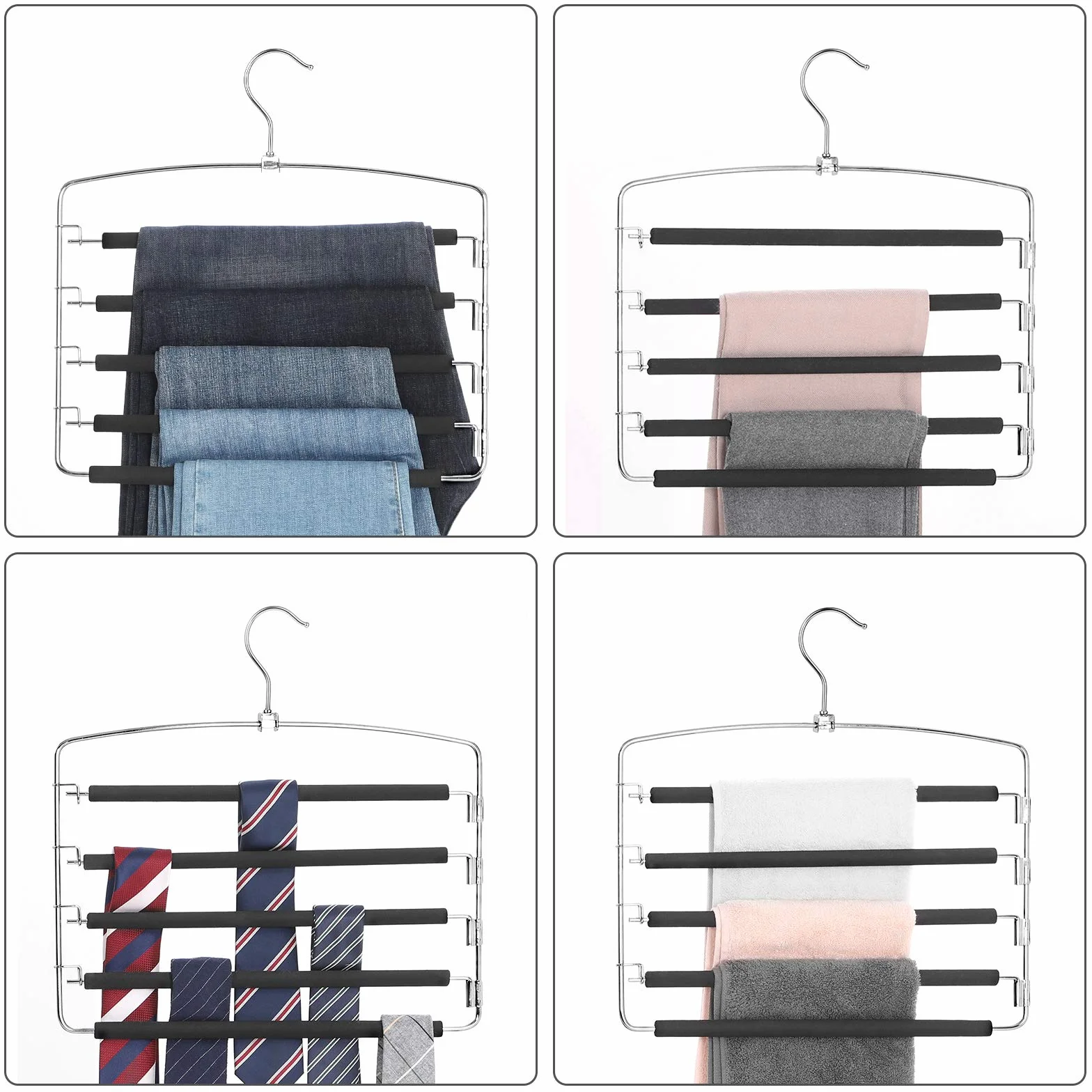 SONGMICS Perchas para Pantalones,Juego de 3, Metal,Multi-Barras,Ahorran Espacio,Estable con Acolchado Antideslizante, Barras de Columpio,para 5 Vaqueros Cada Una,Traje, Bufandas, Corbatas CRI041BK