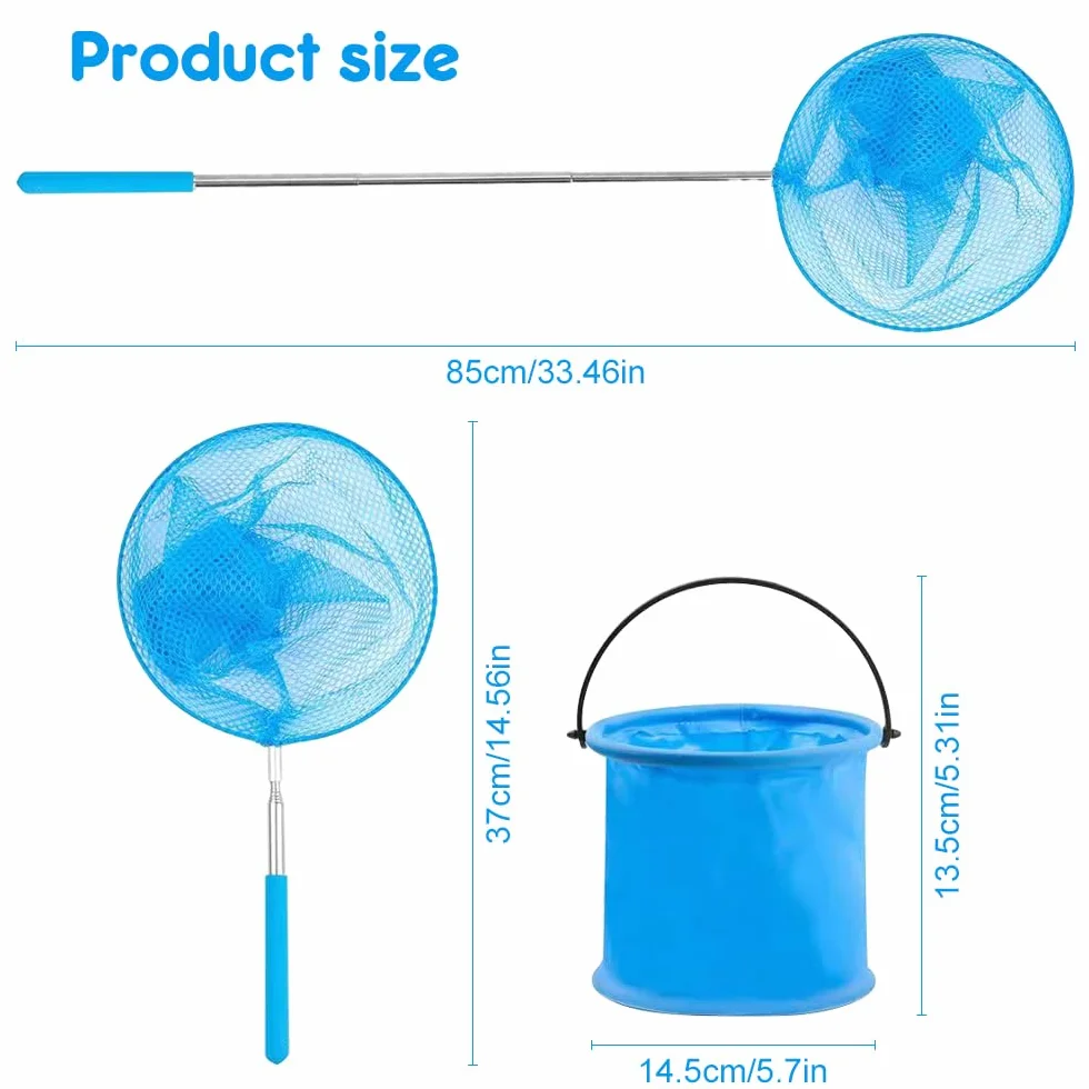 Redes de Mariposa Telescópicas 4 Piezas, Red de Pesca para niños con 2 Cubos Plegables, Cazamariposas para Atrapar Insectos