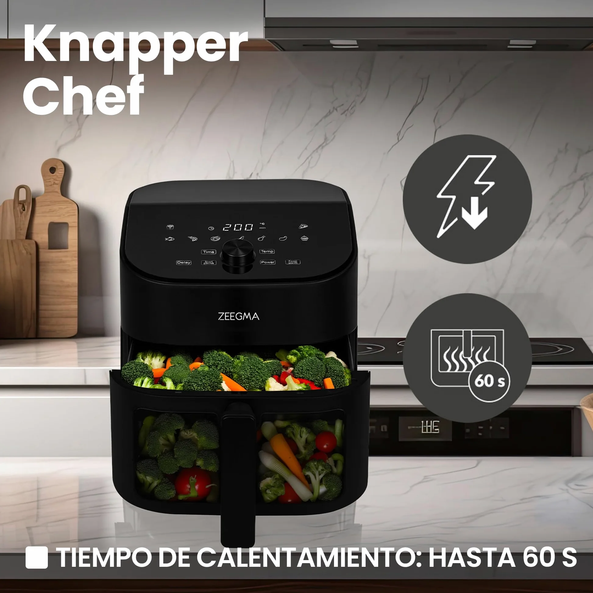 Freidora de Aire Zeegma Knapper Chef 6,5L - Cocina Saludable sin Aceite con 10 Programas Automáticos, 1600W, Calentamiento Rápido en 60s, Pantalla Táctil LCD, Fácil de Limpiar