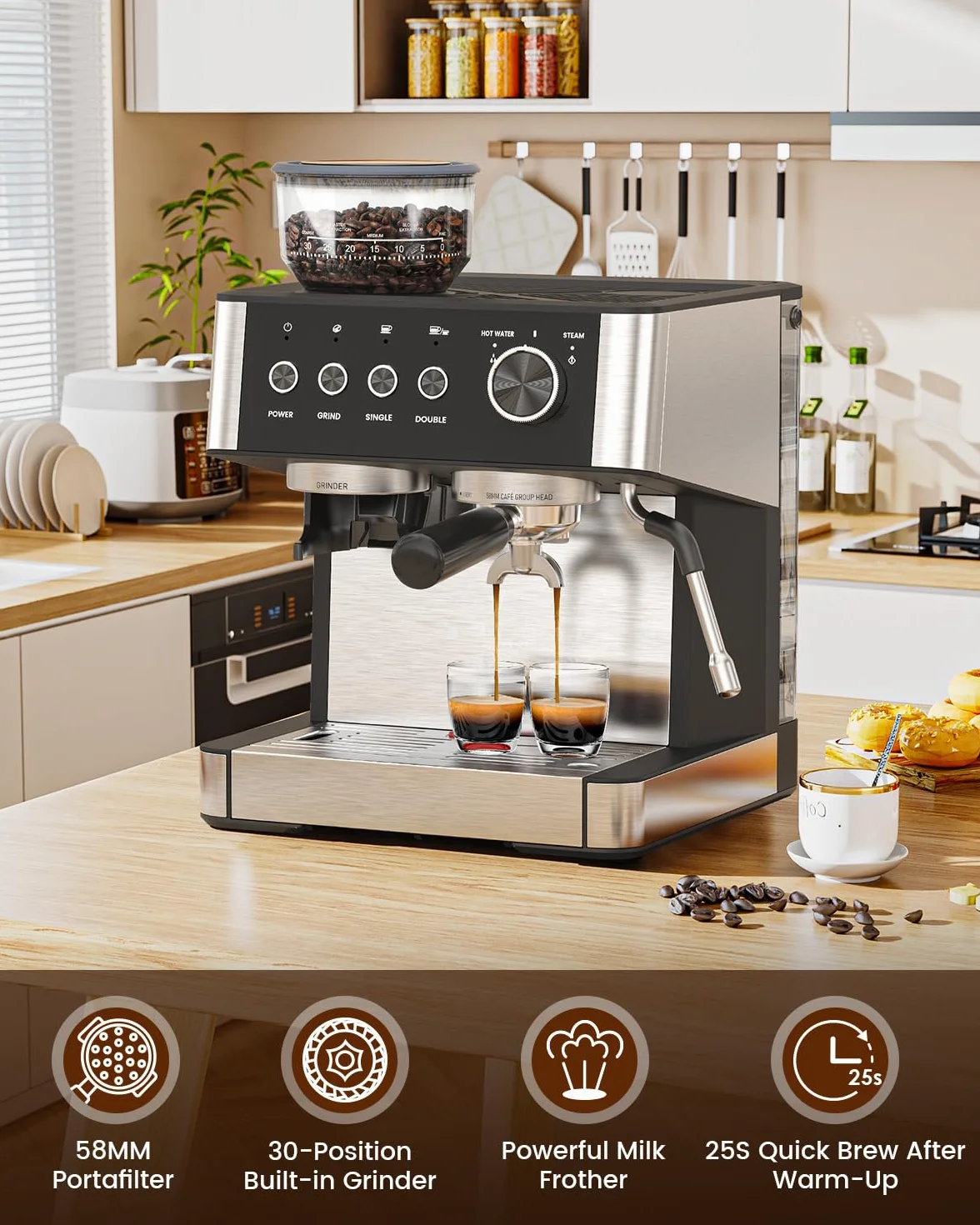 Electactic (Máquina de café espresso mejorada 2025 con amoladora, cafetera espresso profesional de 20 bar con diseño antiobstrucción, barra de vapor integrada para espumador de leche