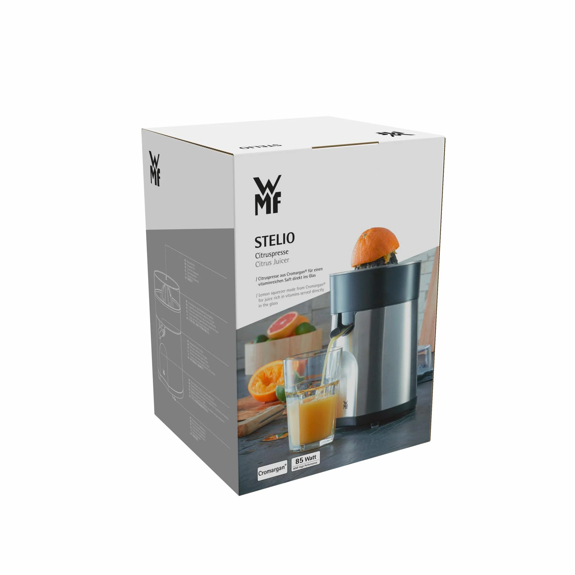 WMF Stelio - Exprimidor, 85 W, 2 conos intercambiables y colador extraíble de cromargan y cierre antigoteo, apto para limón, naranja y pomelo, acero inoxidable, cromargan