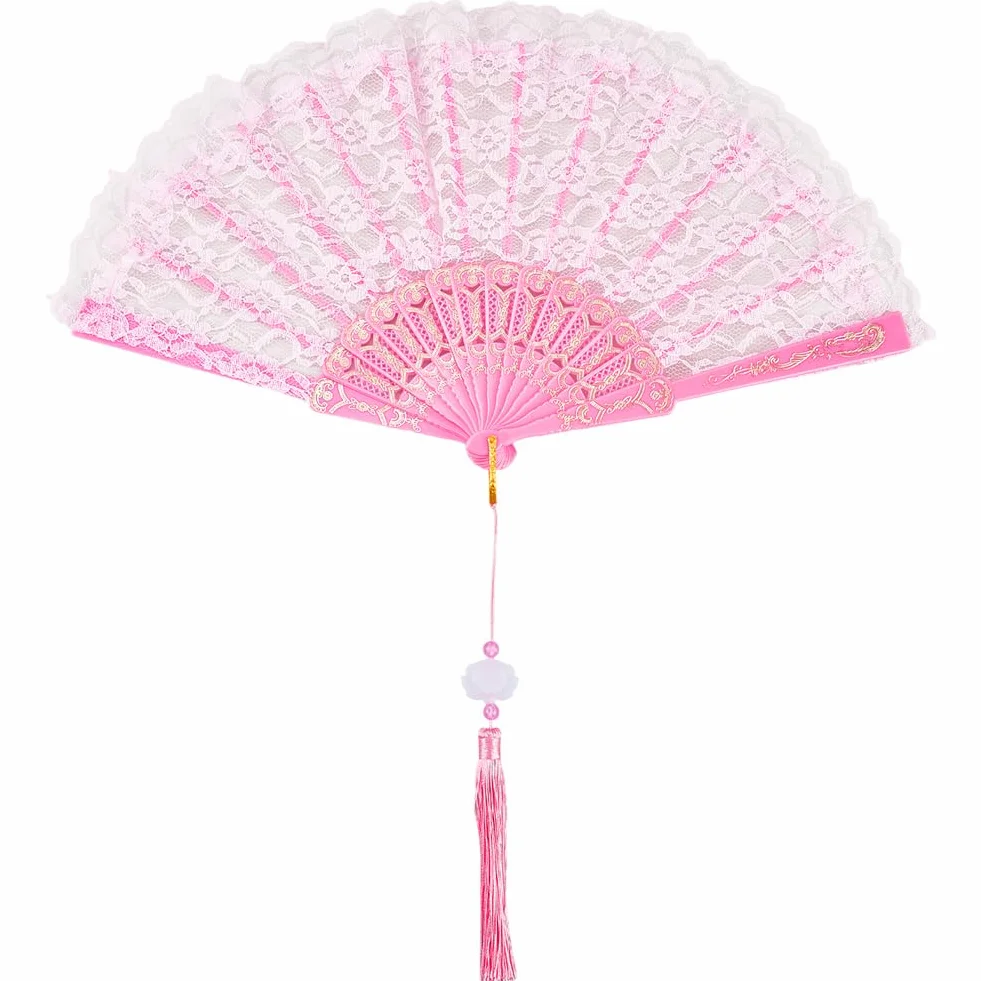 CREATCABIN Abanico Plegable Bordado Rosa Lolita 247x455x20mm para Baile Fiestas