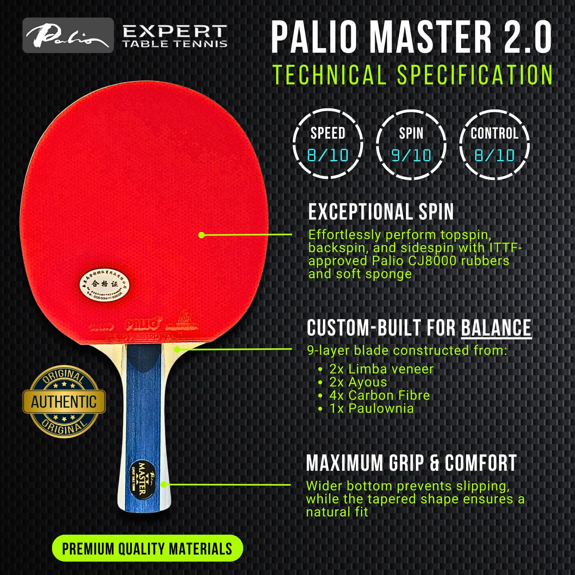 Palio Master 2.0 Raqueta de Ping Pong Intermedia ITTF Giro Velocidad Control