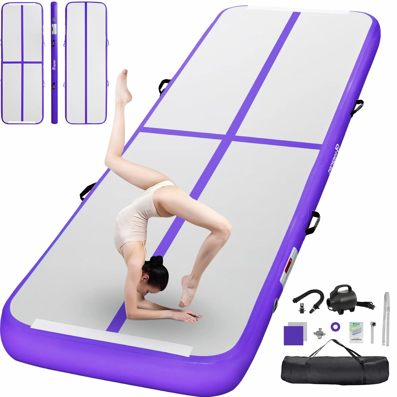 FBSPORT Colchoneta de gimnasia de 10cm de altura, Air Tumbling Track inflable de 3m, Colchoneta de entrenamiento con bomba