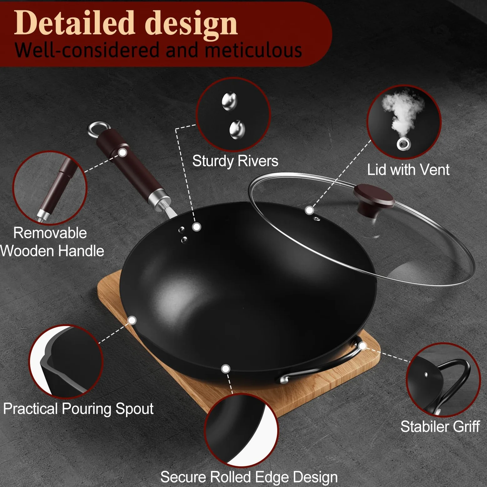 Jobin 32 cm Wok de Acero al Carbono con Tapa, Asas de Madera y Acero, Puede Cocinar Platos Asiáticos Para 3-5 Personas - Fondo Plano