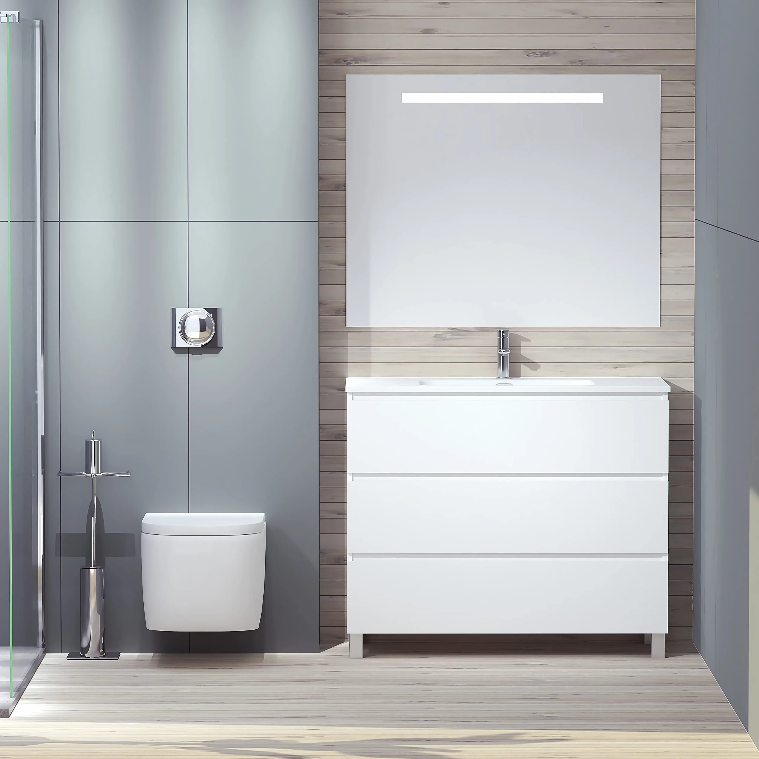 BAIKAL Conjunto de Mueble de Baño LESI. Compuesto por Mueble con Patas y Lavabo Cerámico. Tres Cajones. Melamina 16mm. Mueble MONTADO. Fondo 46cm 100 cm Blanco Mate