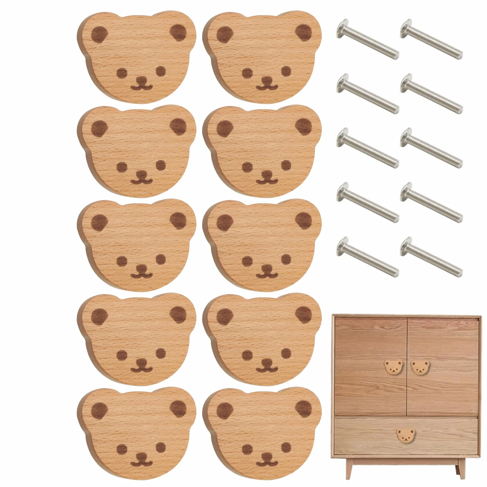 Generisch Tiradores de cajón con oso de dibujos animados, 10 unidades de botones de madera para armarios, tiradores de puertas de armario, tiradores de muebles con tornillos para tocador, baño