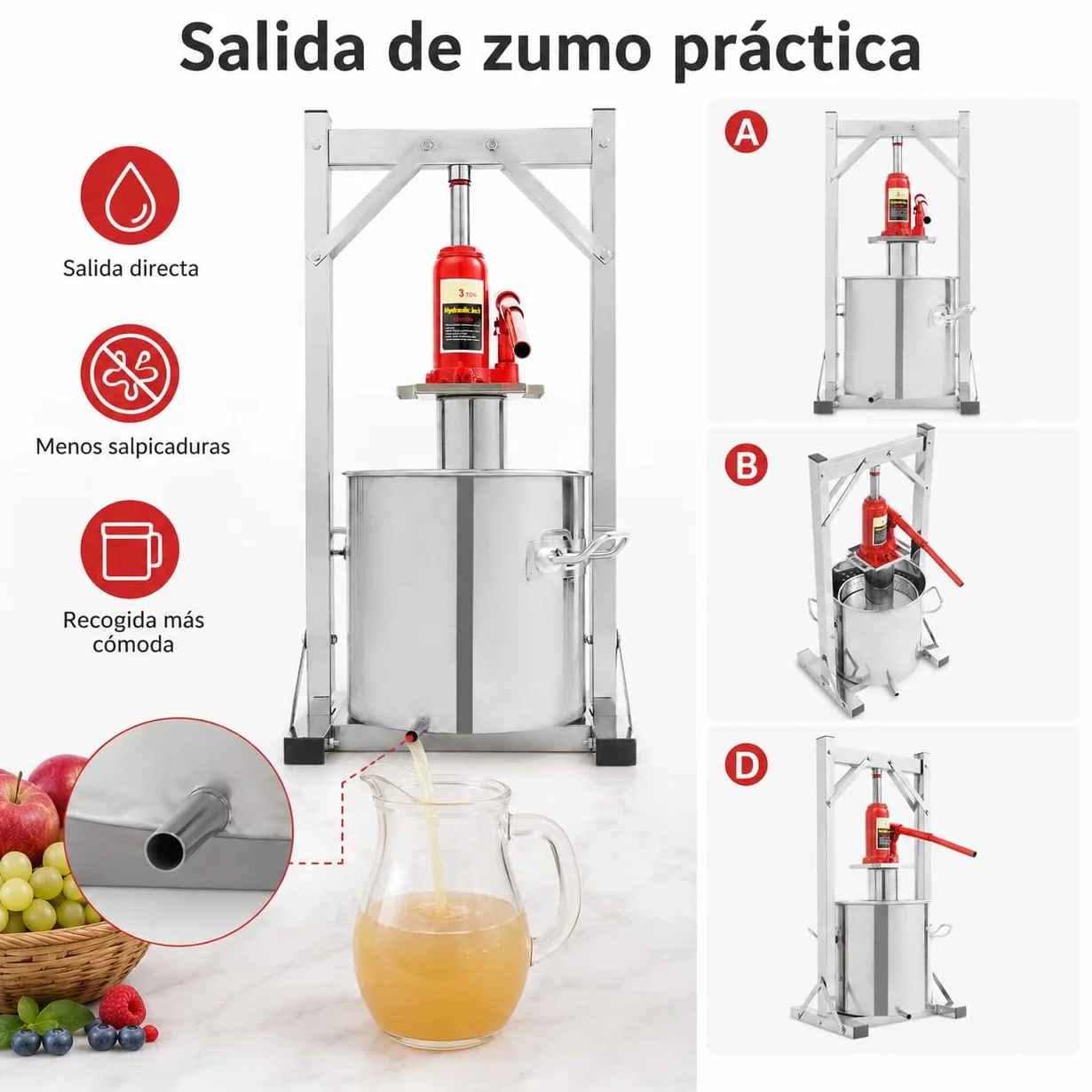 Prensa Hidráulica para Frutas 12L, Prensa Manual de Acero Inoxidable 201/304 con Gato 3T con Tambor, Marco de Prensa y Conector Hidráulico para Uvas, Manzanas, Sidra, Vino y Zumo