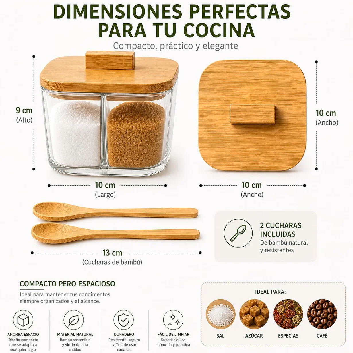 Azucarero Salero con 2 Compartimentos Tapa de Bambú y 2 Cucharas Recipiente para Azúcar Sal o Especias Organizador de Cocina Transparente Bote para Café y Condimentos