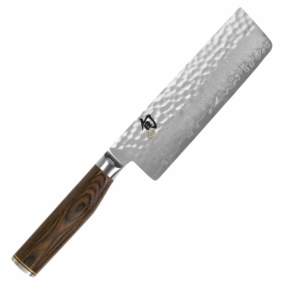 KAI Shun Premier Tim Mälzer Nakiri 14 cm longitud de la hoja - Núcleo VG-MAX 61 (±1) HRC, 32 capas de Damasco pulido - Madera de Pakka veteada de color marrón medio - Superficie martillada