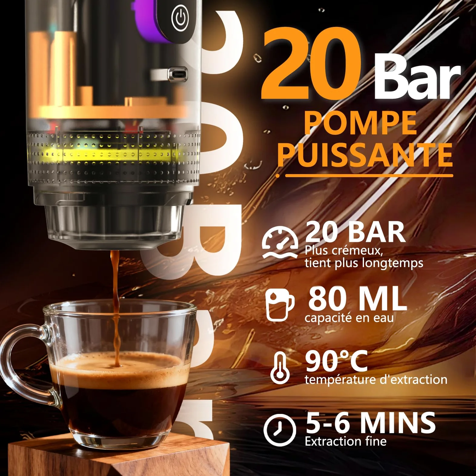 Máquina de café portátil, adecuada para casa, viajes, camping, coche | Compatible con NS/DG Cápsulas Espresso y Polvo de Café, 20Bar, Auto-Calfado de 4 a 6 Minutos, Recargable
