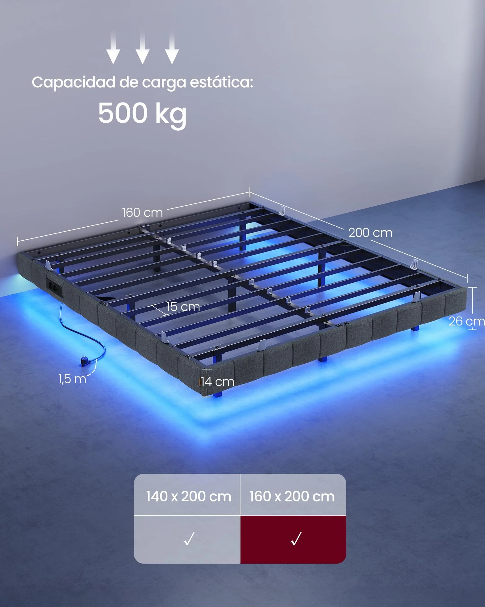 VASAGLE Marco de Cama Flotante, 160 x 200 cm, Bordes Acolchados, LED, 2 Tomas de Corriente, 1 Puerto USB-A, 1 Puerto USB-C, 1 Puerto USB-A Posterior, Carga de 500 kg, Gris Pizarra RMB165G101