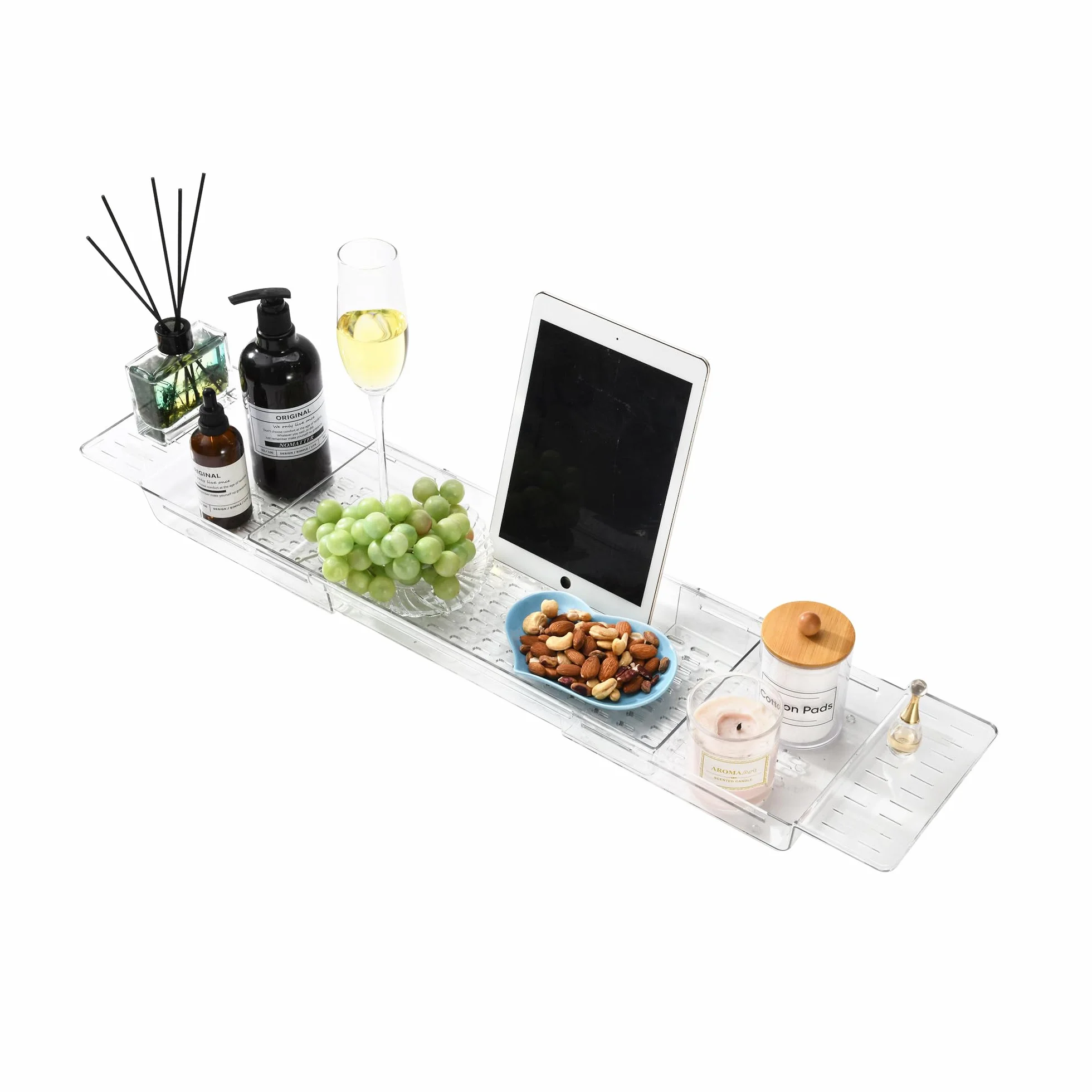 Bandeja para Bañera Acrílica Extensible - Estante Ajustable para Bañera para Copa de Vino, Velas, Libros y Productos de Baño - Organizador de Baño Resistente al Agua - Transparente