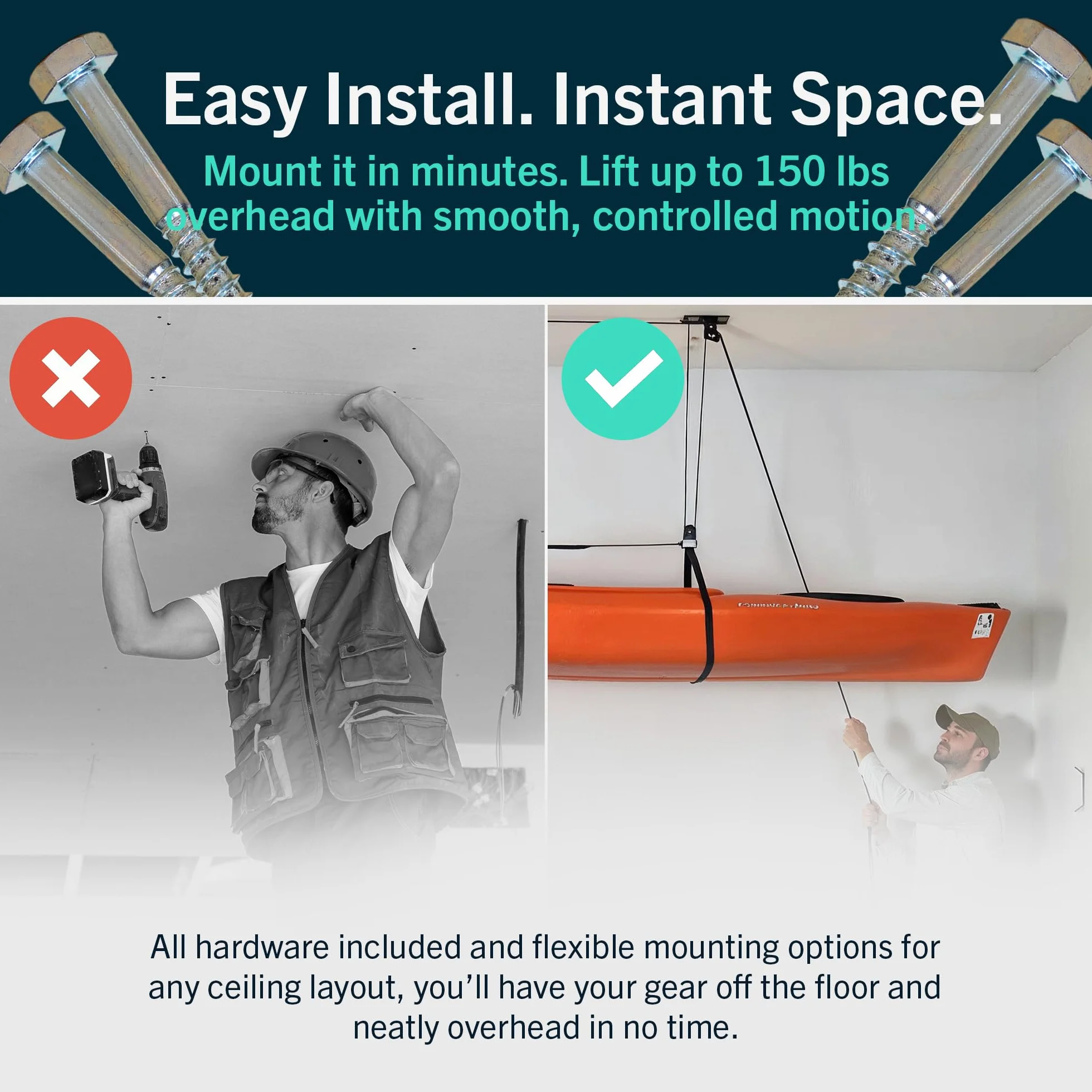 StoreYourBoard Sistema de polea de Techo para Kayak y Canoa, Elevador de Almacenamiento de Montaje en Garaje, Resistente 150 Libras