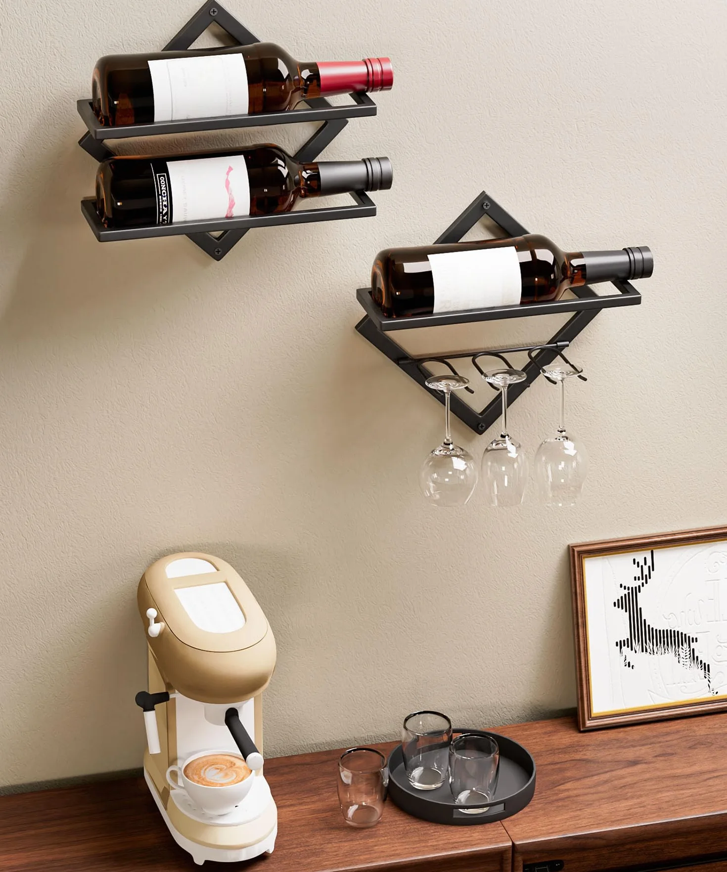 YORBAY Botellero de Pared Metálico con Portavasos: Botellero Vino Decorativo Moderno para 3 Botellas y hasta 6 Copas - Mueble Bar Ahorra Espacio para Salón Bar Cocina