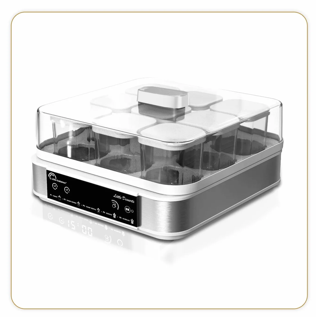 LITTLE BALANCE 8448 Yogurtera Postre, Yogures Postres Quesos blancos caseros, 5 programas automáticos, 9 tarros de cristal 145 ml, Blanco/acero inoxidable