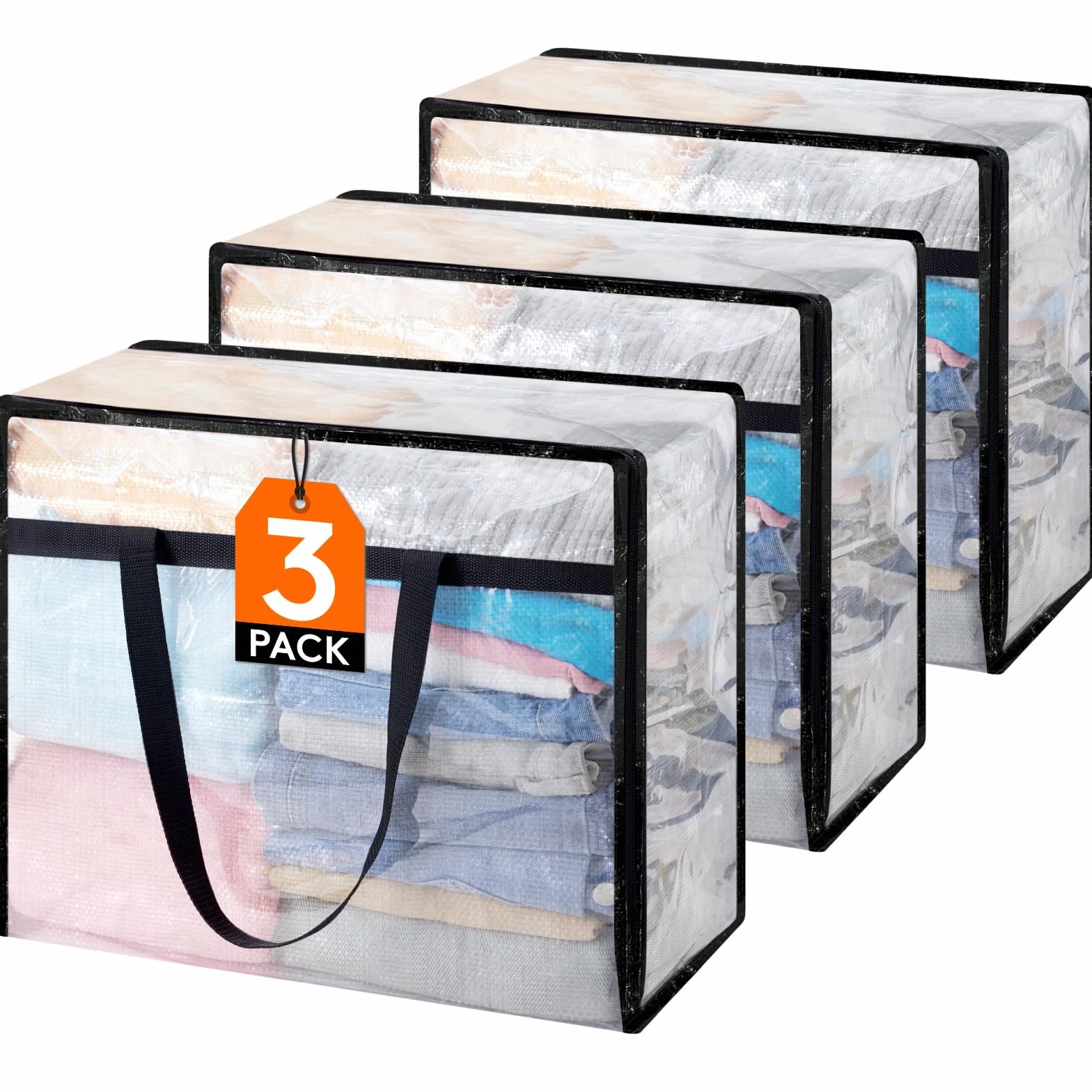 Lifewit Bolsas de Almacenaje de Ropa 40L en PP, Organizador de Armario Plegable Transparente con Asas Reforzadas, Cajas de Mudanza para Mantas, Edredones y Juguetes, 3 Piezas