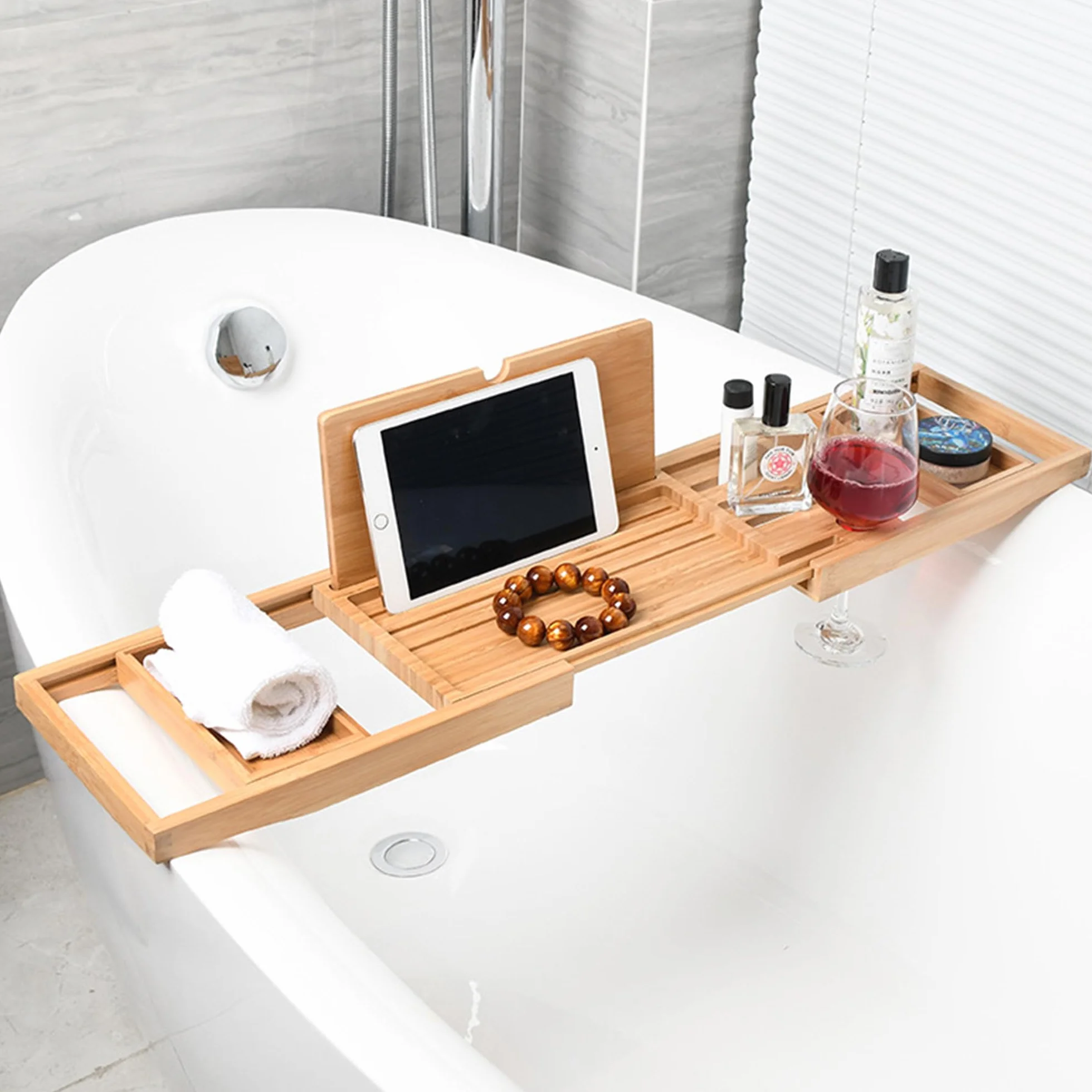 Bandejas de Baño, Bandeja para Bañera Extensible, Bandeja de Bambú para Bañera, Bandeja de Bañera de Madera con Ranura para Copas de Vino, Rejilla para Tableta y Bandeja de Bambú Extraíble
