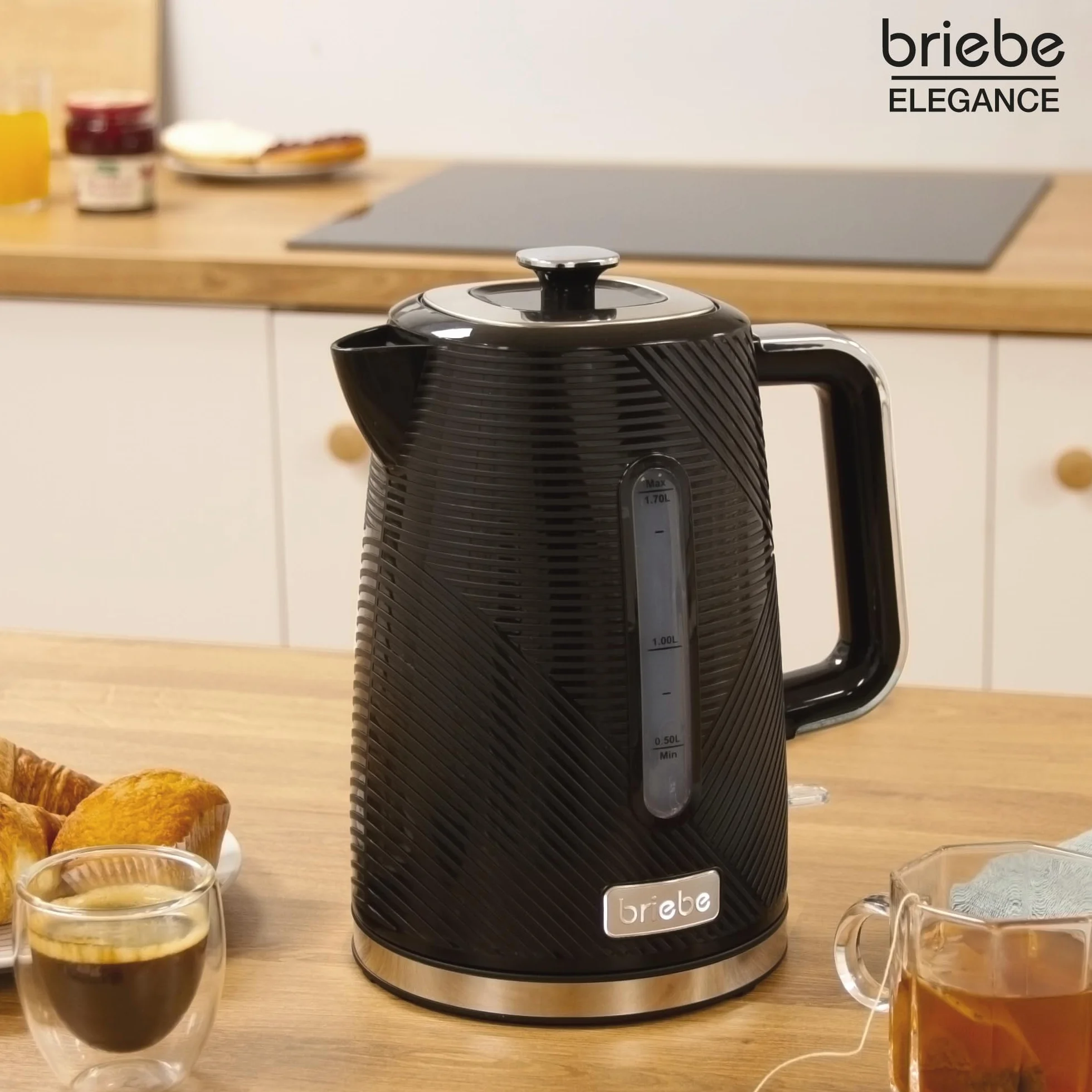 briebe Elegance Set Tostadora Pan Ranura Ancha 2 Rebanadas + Hervidor Agua Eléctrico 1,7L Inalámbrico 2200W Libre BPA + Cafetera Goteo Filtro 10 Tazas 1,25L, Pack Desayuno Diseño Moderno, Negro