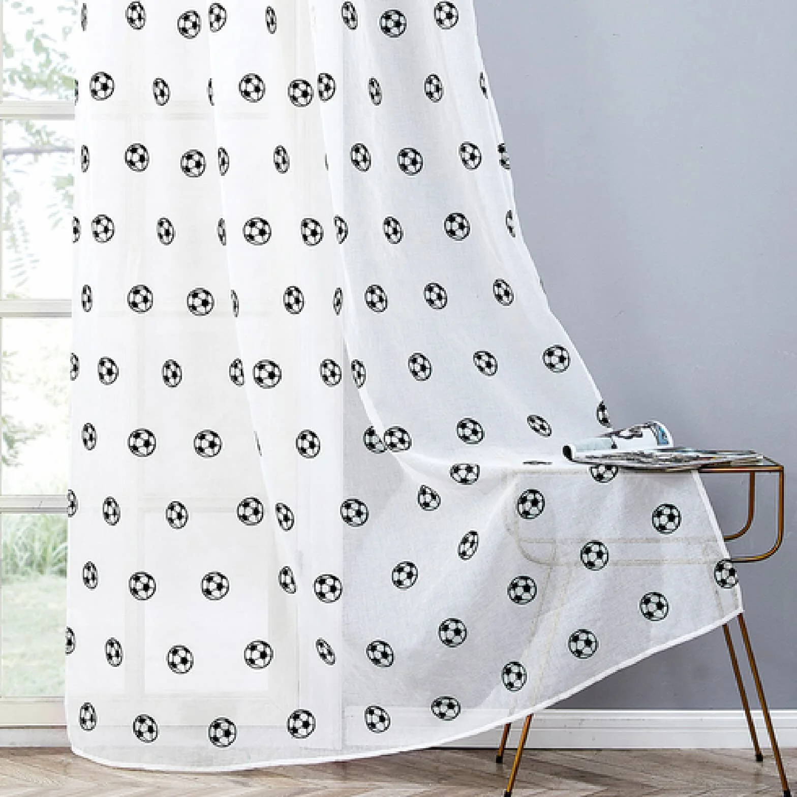 Cortinas Dormitorio Modernas Cortina Transparente Tul Fútbol Blanco 1Pcs W39In H51In